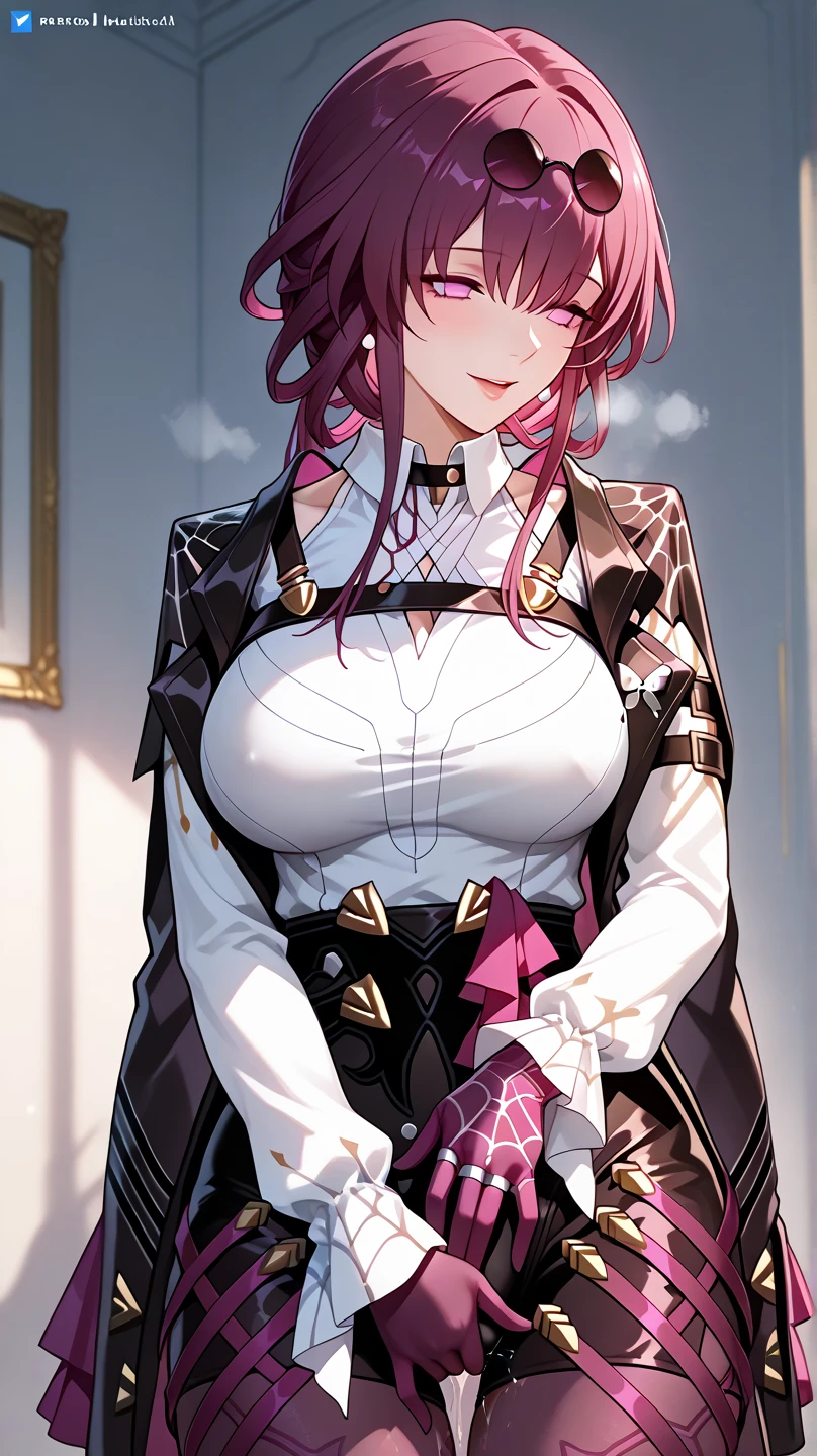 ((masterpiece)),((Highest quality)),High resolution,Extremely detailed CG,Perfect lighting,8k wallpaper, One Girl,Purple Hair,Very long hair、Very large breasts、Very huge breasts、Very big ass、Very thick legs、Smiling、Shorts、tights、Open the buttons on your shirt
