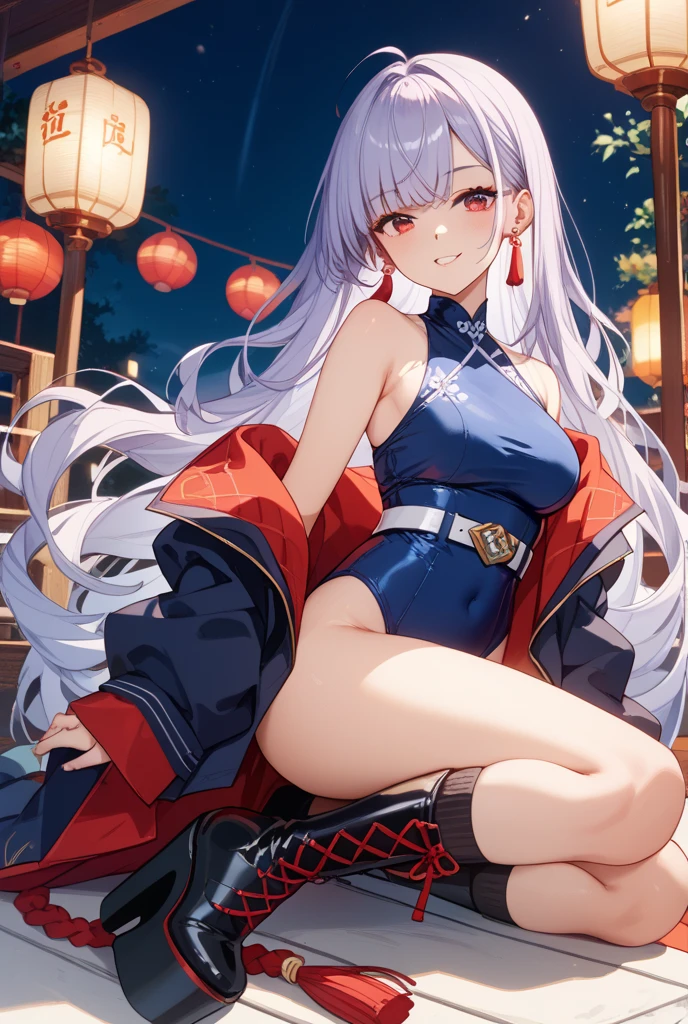 masterpiece,best quality,Genshin,Yae Shrine Maiden，General Ray,alone,Permanent installation,Outdoor sports,night sky,starry sky,street,city lights,city View,road,tease，legs spread，Thong pants，Sexy Lingerie，exposed，，barefoot，
 