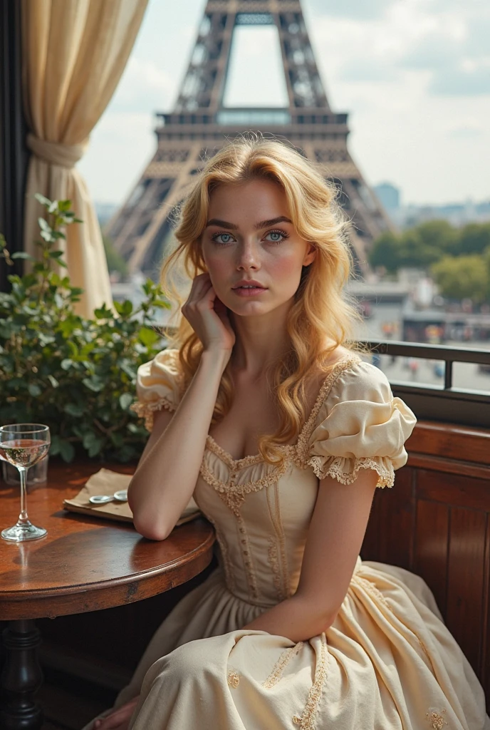 RAW,, Nikon Z 85mm, award-winning glamorous photography,((best quality)), ((masterpiece)), ((realistic)), 18th century, vintage image, beautiful French bikini woman, lace and corset, 25 years old, (long brown hair), brown eyes, small and heaving breasts, sitting outside a café in Paris, eiffel tower in the background, small, ((small breasts)), innocent, flower pedals in the air, ((freckles)), intricate details, highly detailed, sharp focus, professional, 4k, spring flowers blooming, divine rays, hand model, stunning blue eyes, small, delicate, innocent, high resolution, detailed facial features, high detail, sharp focus, smooth, aesthetic, extremely detailed, foto_\(ultra\), photorealistic, realistic, post-processing, maximum detail, roughness, real life, ultra realistic, photorealism, photography, 8k uhd, photography, light SEMI-SILHOUETTE, Russian face
