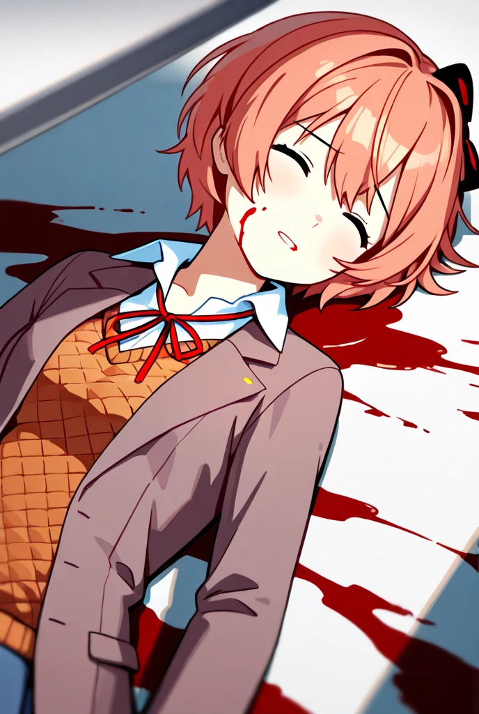 yuno gasai wearing a at school while holding a knife, have blood on her face, soft smile, blushes, detailed eye, hd quality