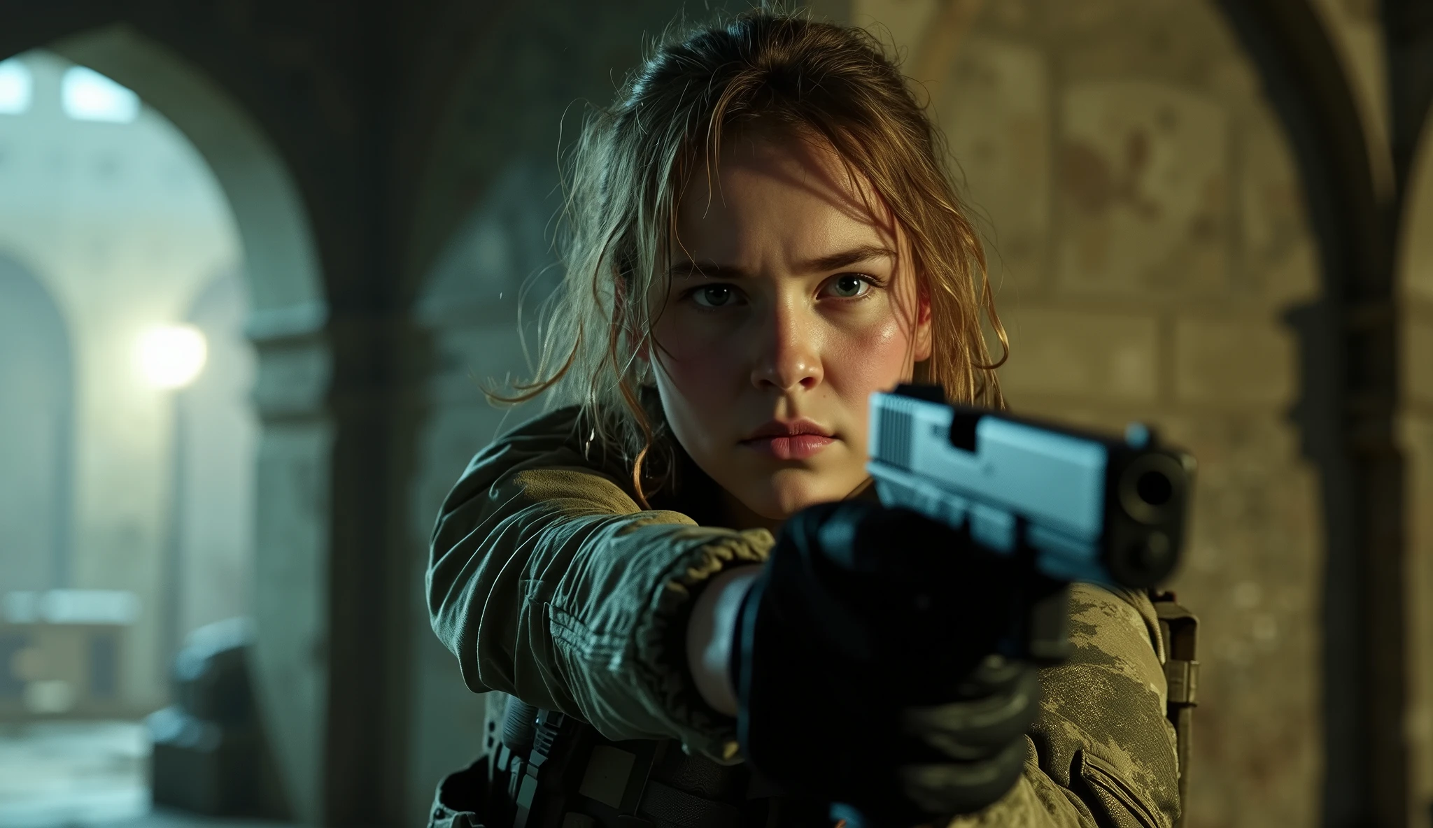 War photo, a young girl soldier, Serious face, holding with a Glock 17 Gen 4 pistol, heavy fighting inside the dungeon, dynamic angle camera, detailed rendering with volumetric light and splash of color,