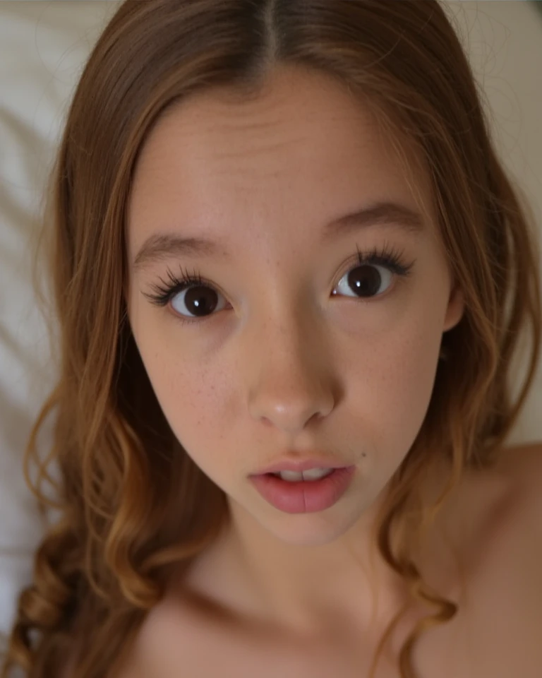 an image of a teenager with an innocent face, she has light skin, she has brown hair, green eyes, thick and defined lips, she is thin, she has very small breasts, she is sitting on a bed, you can see her small breasts, this Completely naked, she holds a small teddy bear. Behind her on the right side and with colorful letters there is a sign with visible letters that says "la putita del vecino", the letters are written exactly as it is in the description