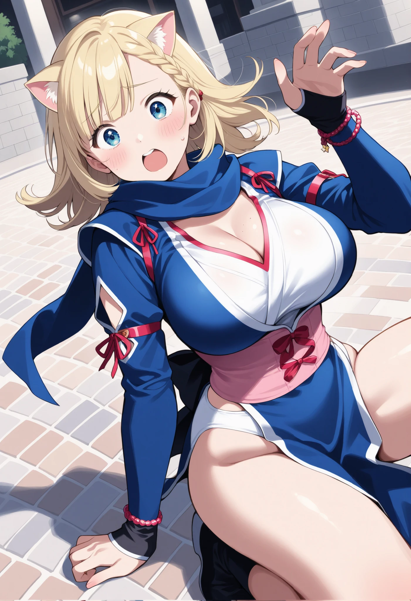 Blonde Cat Ears、bob cut blonde hair、 braids on both sides、big breasts、、、、glitter、blush