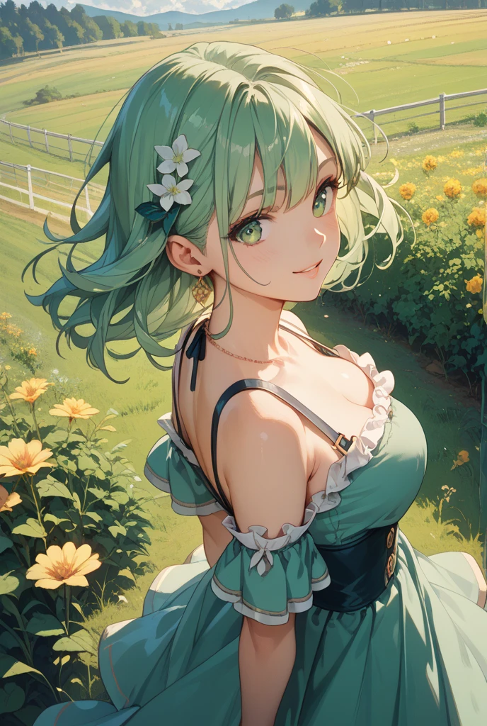 High Detail, Ultra Detail, Ultra High Resolution Short green hair girl enjoying her time in open field, surrounded by the beauty of nature, warm sun sprinkling on her, white flowers gently swaying in the breeze. Butterflies and birds flutter around her, adding to the playful atmosphere ,--v6