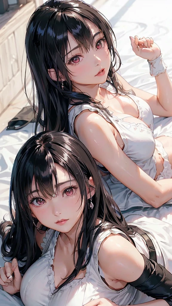 Create a high-quality, detailed image of a beautiful anime girl with long, flowing hair and intricate details. She is peacefully asleep on her bed in her cozy gaming room. She has extremely detailed eyes, beautiful lips, and long eyelashes. She wears a snug tank top that barely conceals her nipples and panties, highlighting her stunning curves. The warm, inviting scene includes soft ambient lighting, comfortable seating, and plush bedding, with the room illuminated by a small, glowing lamp. The gaming room features posters, a high-end PC setup with RGB lighting, and various gaming accessories. The overall atmosphere is serene and intimate, with vibrant colors and natural lighting creating a photorealistic effect.