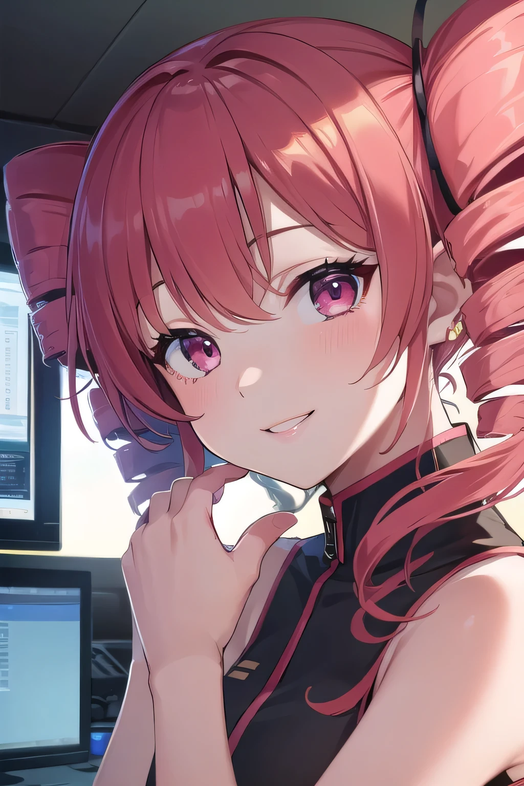 (best quality)), ((masterpiece)), (detailed),1 girl。Kasane Teto。twin drill。The monitor is falling to the ground。((she takes her upper body out of the monitor into the real world))。both hands。smile。Close up to the face。lips。