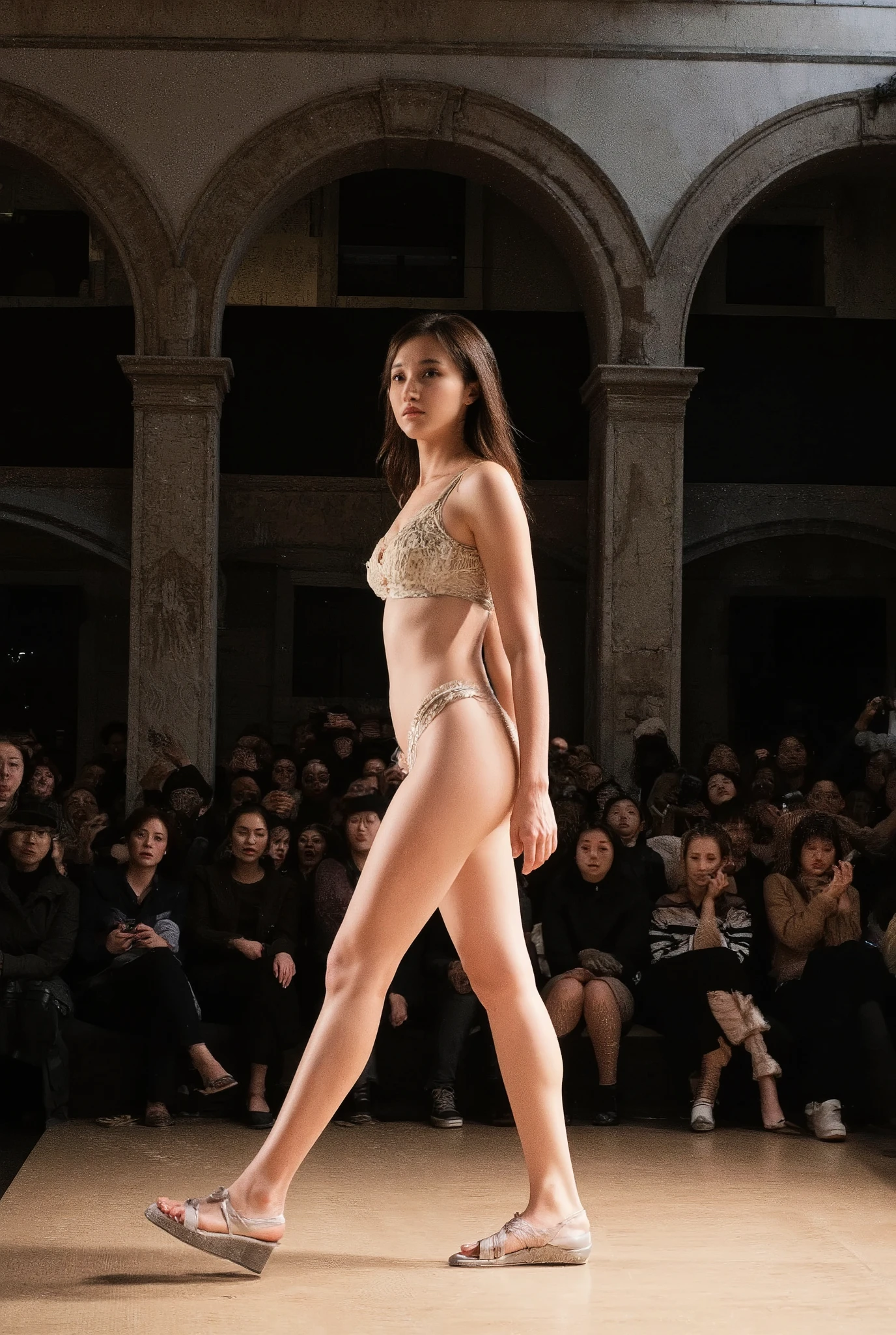 Beautiful 25-year-old skinny woman, (completely nude), beautiful face, droopy large breasts, thighs, shiny pale skin, heels, walking on runway, dark brown hair. High resolution, masterpiece, Highest quality, ((Hasselblad Photos)), Fine skin, (Cinema Lighting), Full body photo, 1 naked girl, earrings, necklace, solo, beauty, girl,1 girl,