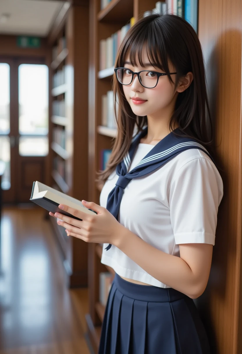 (8k, RAW Photos, Realistic: 1.25), masterpiece, highest quality, Ultra HD, Very beautiful and elegant Japanese woman, 15 years old, i always wear glasses, Beautiful black hair, Beautiful Skin, Slim body, Realisticで詳細な日本の高校の, Sailor suit, Navy Pleated Skirt,Realistic and detailed school library, Reading a book in the library, Random Pause