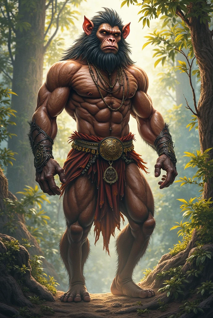 **Hanuman Destroying the Ashok Vatika**: Hanuman, now in his giant form, unleashes his fury in the Ashok Vatika. He uproots massive trees, smashes the stone pathways, and creates chaos. The vibrant garden is now in disarray, with debris and leaves scattered everywhere.