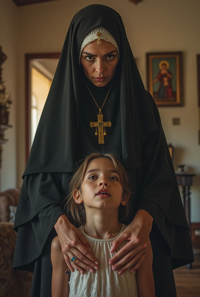 a young russian woman of 7 years old, que esta asusta debajo de una manta sucia, con un celualr que le ilumina un poco la cara, detras de ella una silueta de un hombre con un arma de fuego visible que esta en el marco de una puerta abierta, el mujer estas dentro de una habiatacion a oscuras. es una portada de un libro llamado bajo el manto