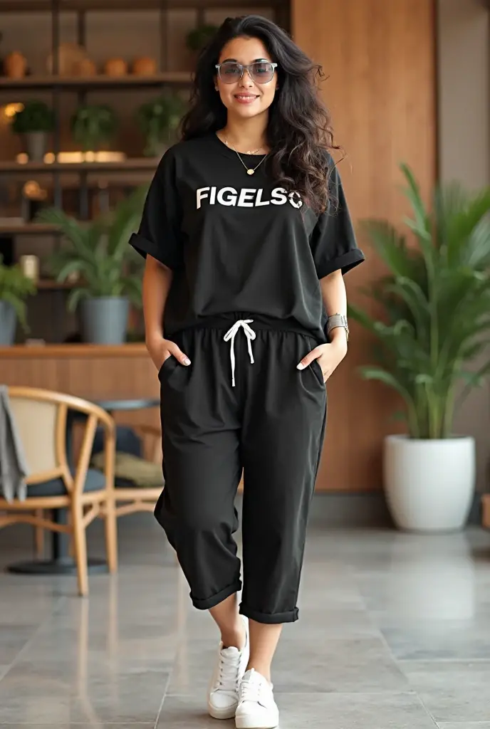 ((Mejor calidad)), ((Obra maestra)), (detallado), cara perfecta, woman standing at a crossroads, a corner, there is a traffic light, and stopped vehicles, many people cross the road, she wears loose clothing, loose black pants, white oversized sweatshirt