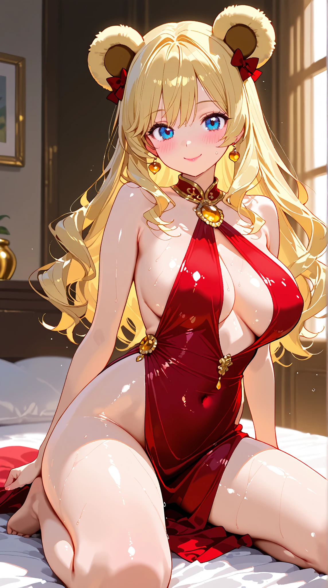 masterpiece:1.2, best quality), realistic, (real picture, intricate details, depth of field), (1girl, solo), make up, parted lips, highly-detailed, perfect face,
(huge breasts:1.8), (skindentation), thick thighs, wide hips, attractive waist, tall, glossy coral lips,
(twintails honey blond hairs:1.2), (beautiful bright coral orange eyes),
sexy, blushing, Massive Cleavage, Disproportional tits, hanging breasts, Queen, Crown