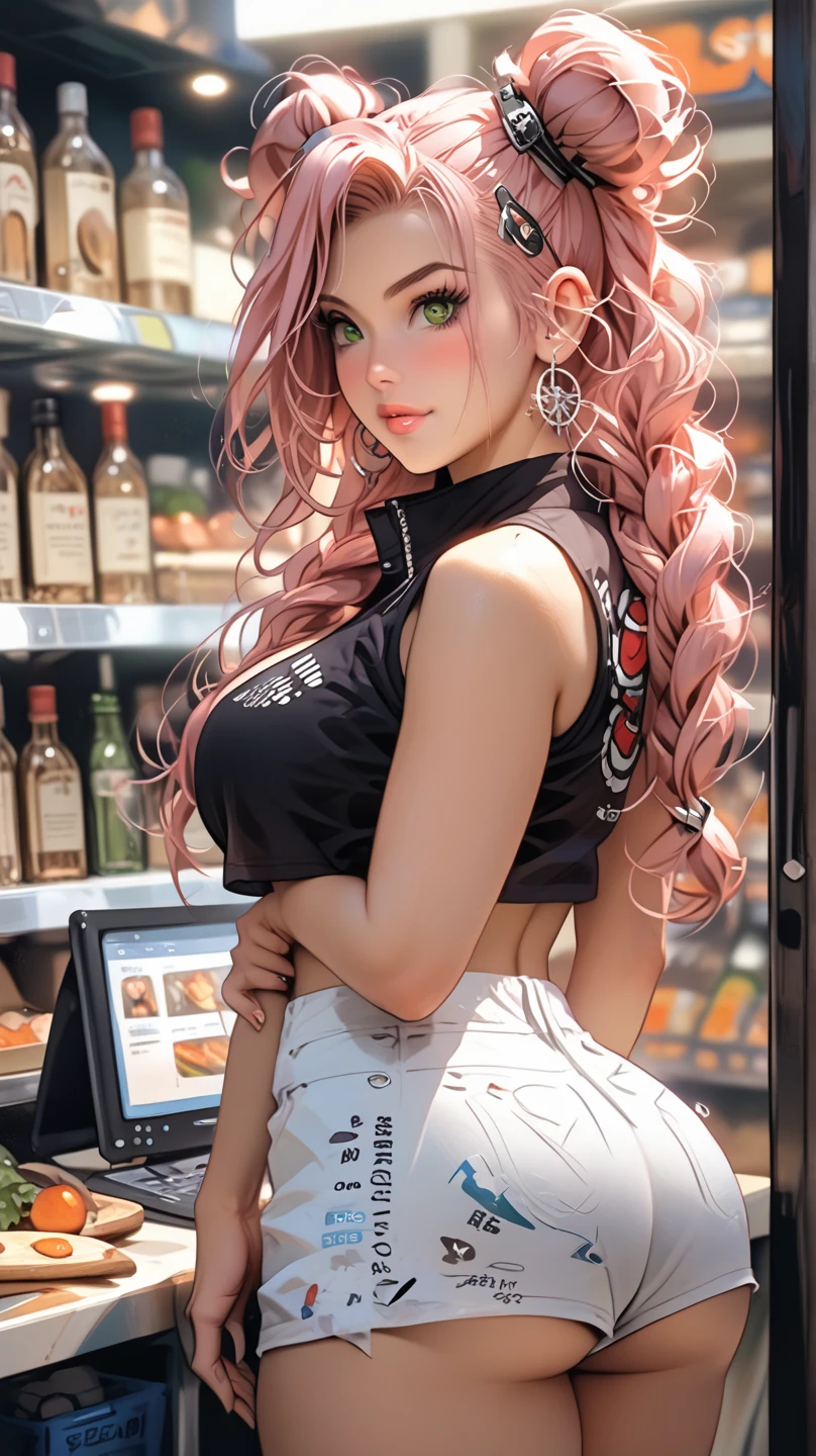 , masterpiece, 1 girl, erect nipples, intricately detailed, topless, navel, denim hotpants, bare shoulders, necklace, mcdonalds, interior, dj, headset, baseball cap, citypop, erect nipples, puffy nipples, extremely detailed, photorealistic, octane render, 8 k, unreal engine, bare breasts, nipples, bare stomach, sweaty, people on background, moist breath, small breasts, flat chests, , smiling, leaning forward, collarbone, wet body, saliva, drooling, pink hair, ray of lights, encore, nipple-piercing, fastfood counter, nipple chain