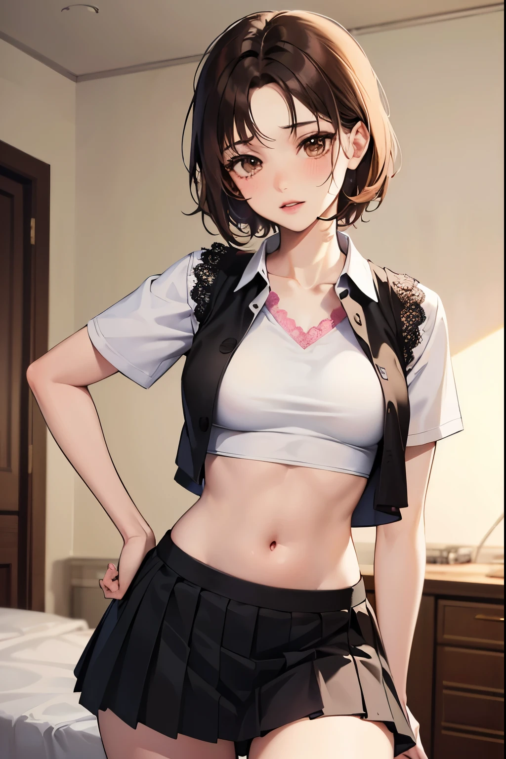 (8K、RAWE Photo、highest quality、masterpiece:1.2)、(real、photorealistic:1.37)、1 beautiful Japan schoolgirl、small face:1.2、perfect body、18-year-old、Sexy  uniform、large breasts:1.8、(((breasts aport:1.8, Long milk:1.8, saggy breasts:1.8、underboob、Are thin)))、underboob、oily skin:1.5、thin、 (Sexy uniform with a slight view of the underside of the chest)、((目に見えるunderboob、Uniform with visible ribs and belly button))、Super miniskirt visible、((look at the audience))、Very blush、Smile、