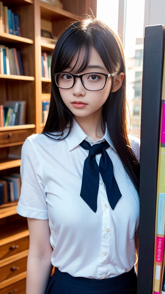 (school uniform:1.5), (bra lift:1.5), Top quality, one beautiful woman, 20 years old, 35mm lens, f/1, dark brown eyes, glasses, braids, black hair, pale skin, medium chest, slendar body, vest ,hands on brest, Natural Light