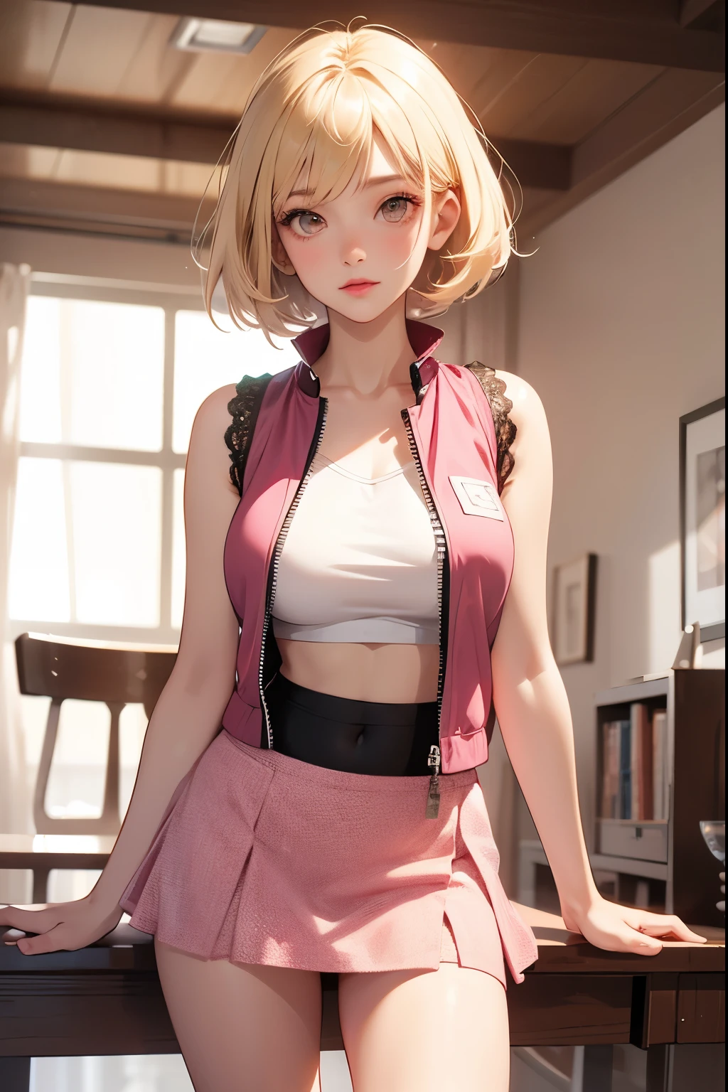 a college girl, 19 year old, short blonde hair, brown eyes, detailed face, pink lips, sports top, coffee vest , bare abdomen, short skirts, skirt with lace, room , standing, shy look, (anime style),