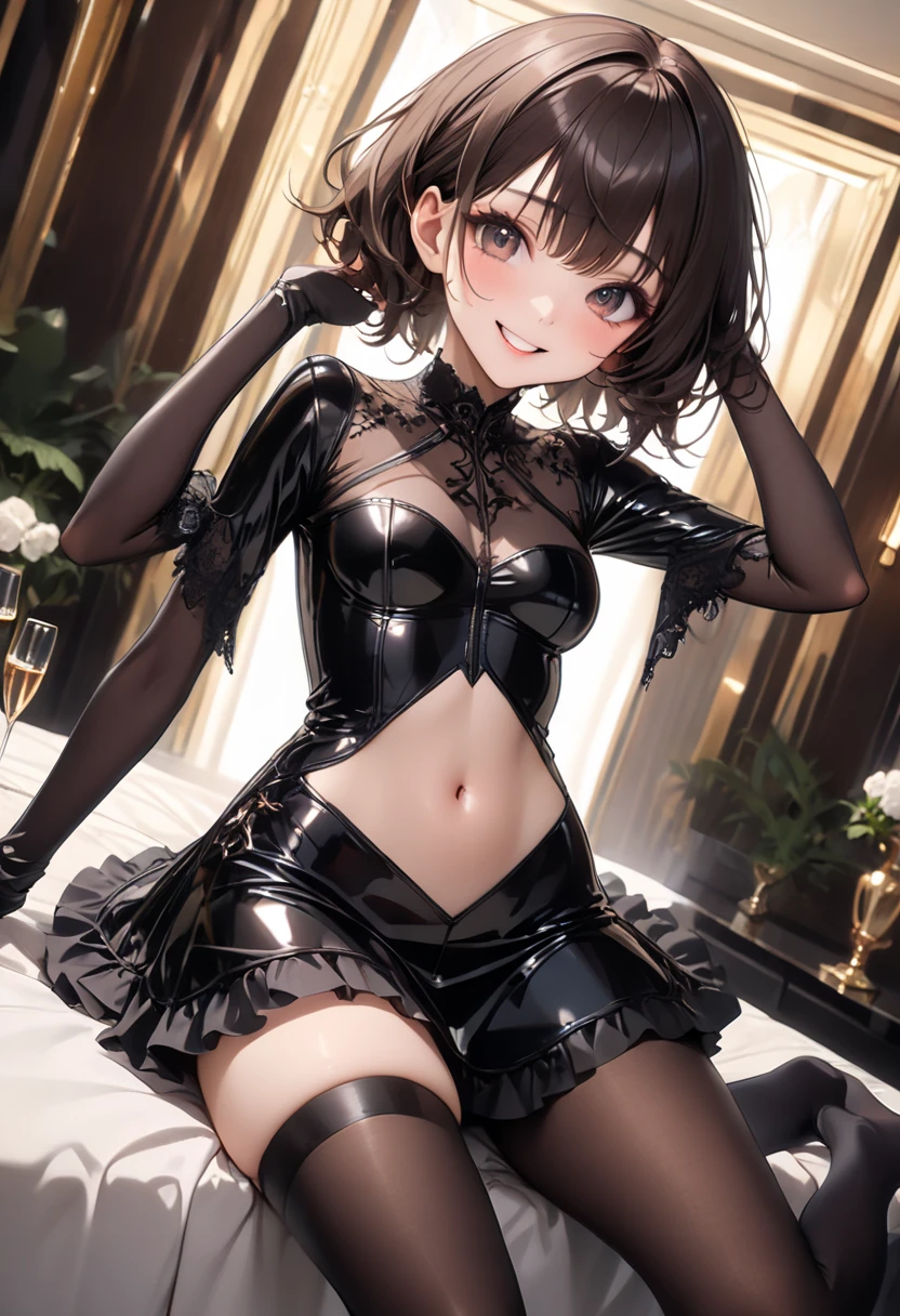 Highest quality、Highest quality、detailed、Adult women、(Bunny girl)、tights、Enamel Bunny Suit、Sit on the bed、((Spread your legs wide))、Spread the with your fingers、Urban bedroom、Foliage plant、Brown short hair、Beautiful dark eyes、Beautiful Face、Delicate eyes、Smile with tongue out、Wink、