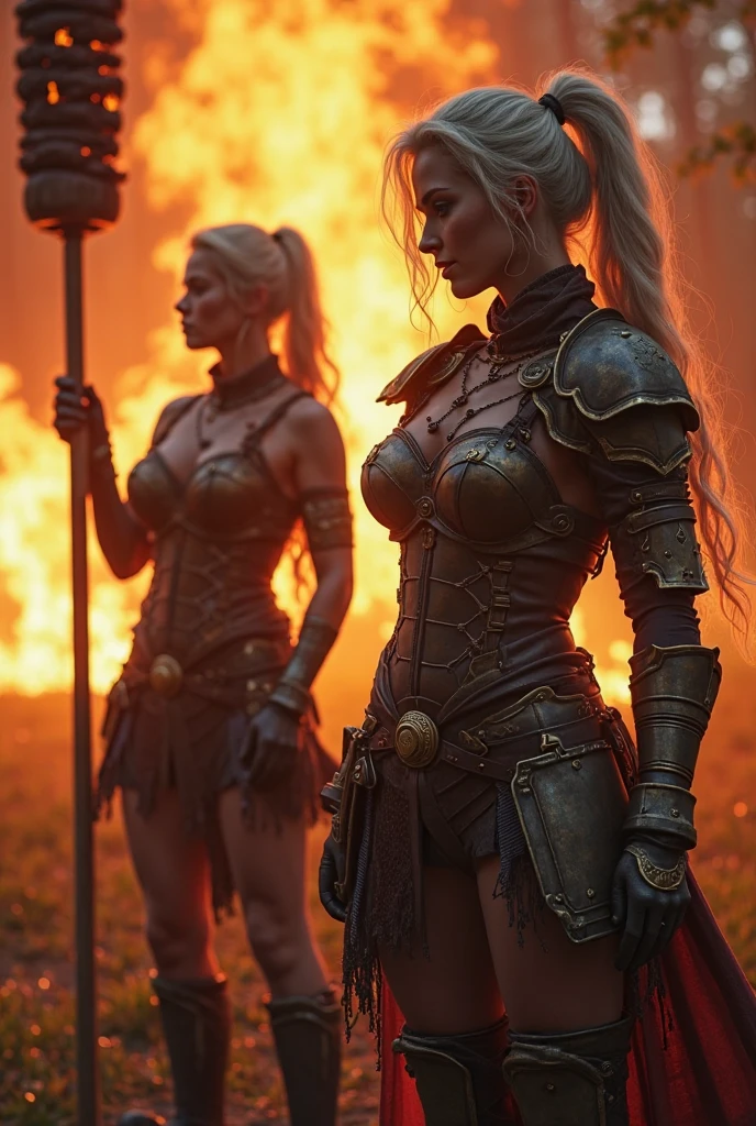 beautiful but savage blonde female viking medieval warriors running through a ransacked and burning village,raining,stern expressions,grimy and scarred skin,wounded,torn and ripped clothing,cleavage,holding swords