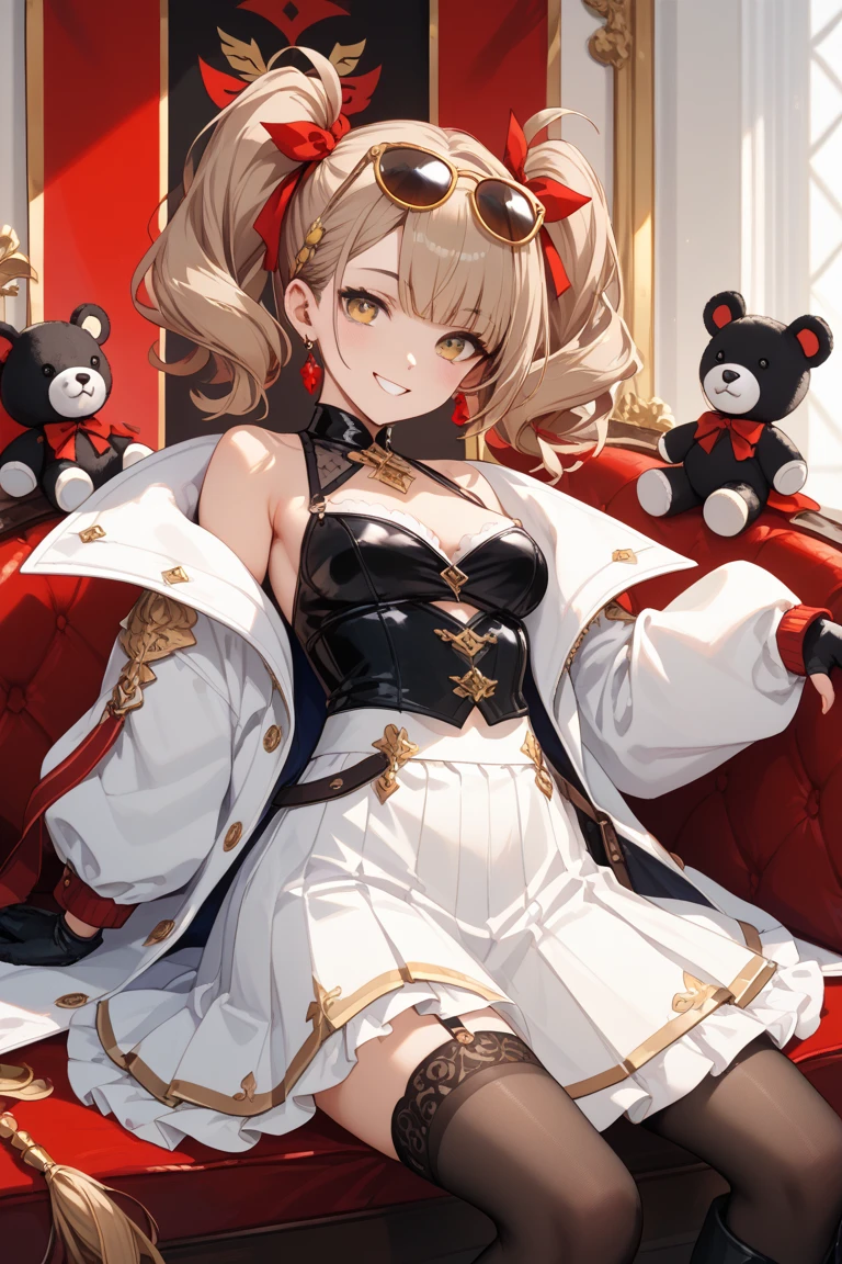 ((Highest quality)), ((masterpiece)), (detailed), A cute girl with bear ears, Ikada,Giddy Smile,Straddling a chair,Seductive pose,Showcasing cleavage