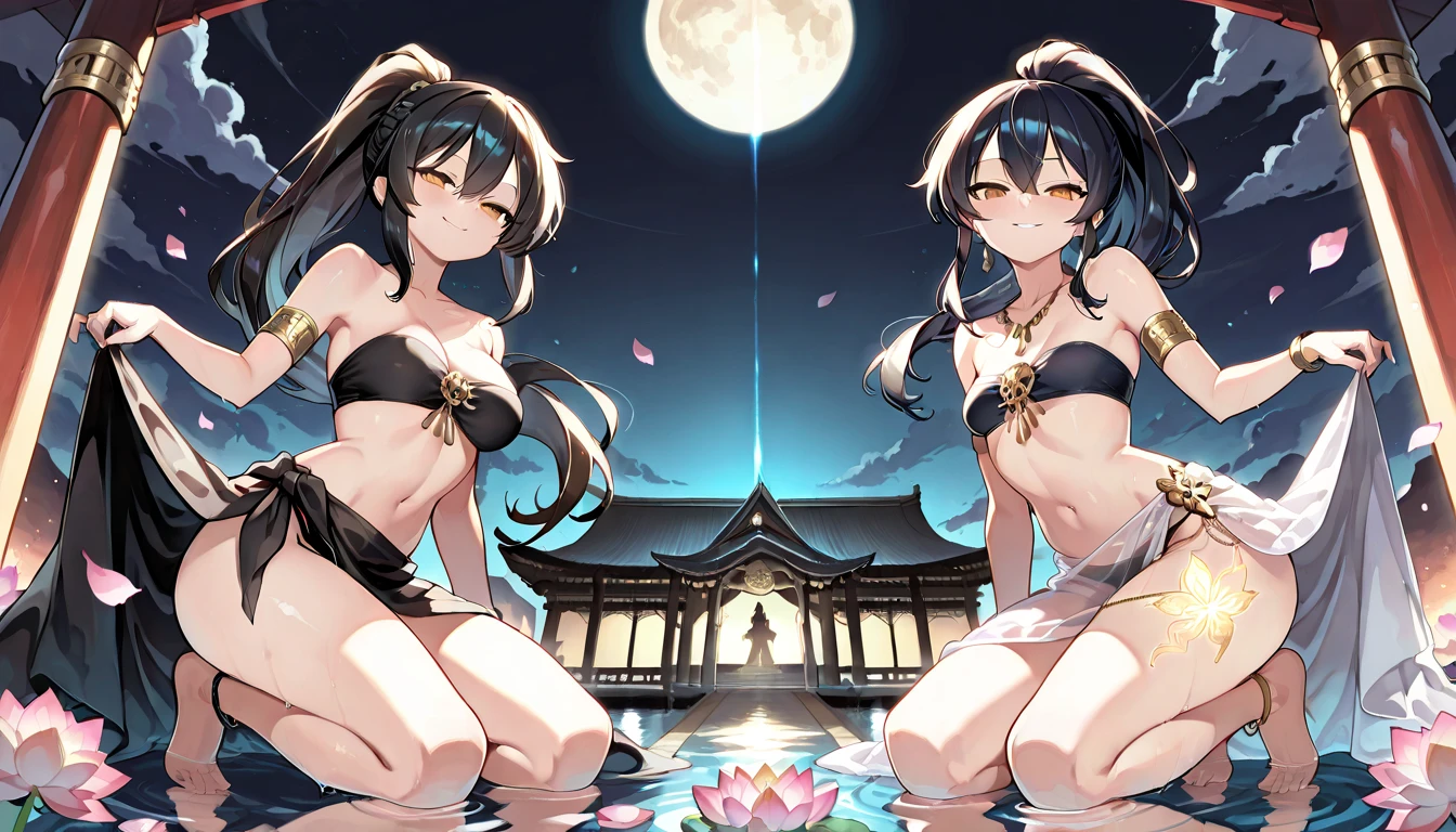 (High quality, 8K, Original Character), (fact: 1.5), (masutepiece, Best Quality, High resolution: 1.2), girl, summer evening, (smooth texture of stockings: 1.5), sexy skirt, Delicate eyes, Delicate images, Boat, River, Face to camera, A large lotus flower blooms behind it, Moonlight, Breeze, fireflys