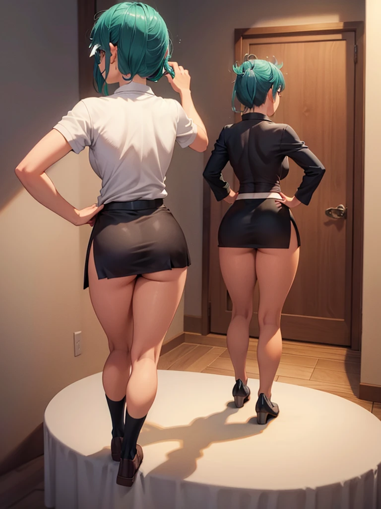 1girl, completely nud3, blue hair, ponytail, barefoot, standing, modeling, nud3 female artists in background, multiple people 