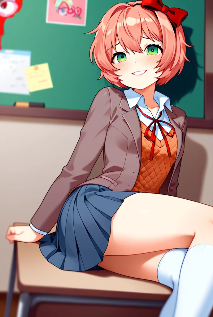 Nakano Yotsuba(The Bride of Fifths)、1girl, masterpiece、top-quality、NSFW, {{{pissing}}}、vagina, Orange pubic hair, {toilet room}、green hair bow, yellow sweater, black blazer,A slight smil、