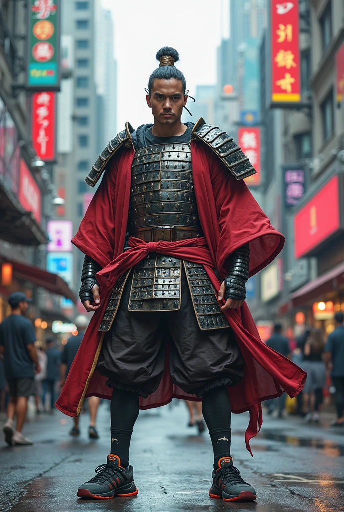 1person [ wukong ], monkey king, from journey to the west , in cyberpunk city , realistic , ultra detailed , f/1.2 , dramatic lighting, post apocalypse, ak47, slum, dirty place, bun hair style, young