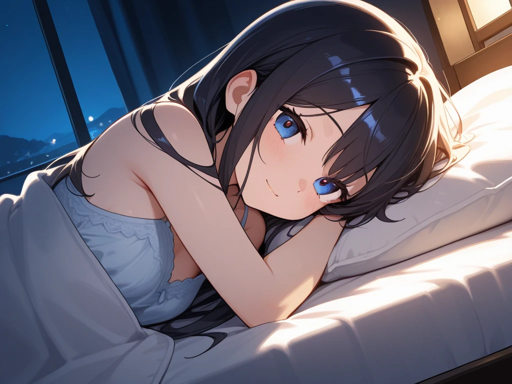 One 15-year-old girl, ((Her camisole is open、Sexy Underwear))、(Black Hair,Inner color hairstyle), Beautiful Hair, Facial Contour, Remember, ,Hotel, night,illumination、splash, Lens flare, Natural Color, High resolution, Very delicate, Very detailed, 8k,Lying in bed、(There is only a slight swelling of the chest,About B cup)、Shyness,((Sexual)),((Sexy feeling))