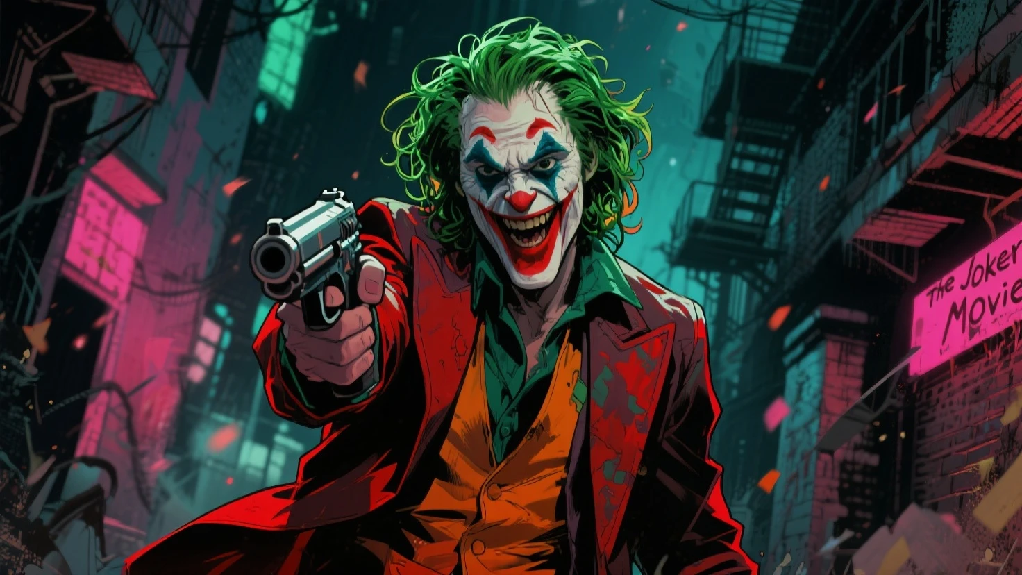 A imagem mostra uma cena inusitada do "coringa" in a relaxed moment, Andar de bicicleta. This depiction creates a startling contrast between the joker's chaotic personality and the peaceful activity of cycling.
The Joker is dressed in his signature costume, mas de uma maneira mais casual, como se estivesse aproveitando um dia de folga. His face displays a wry and enigmatic smile, como de costume, adding a dash of mystery to the scene.
He holds the handlebars of the bike with one hand, while the other hand is in the air, como se estivesse se divertindo e causando um certo caos mesmo enquanto pedala.
The background of the image presents an urban setting, with buildings and roads, suggesting that the joker is Cycling through the streets of the city.
The predominant colors are shades of purple, verde e vermelho, that are associated with the joker. Essa paleta de cores adiciona um toque de familiaridade ao mesmo tempo que contrasta com a cena inesperada.
Essa imagem cria uma cena divertida e intrigante ao mostrar o coringa em uma atividade incomum. It evokes a smile and a sense of surprise, inviting the viewer to contemplate the complexity and unpredictability of this iconic character.