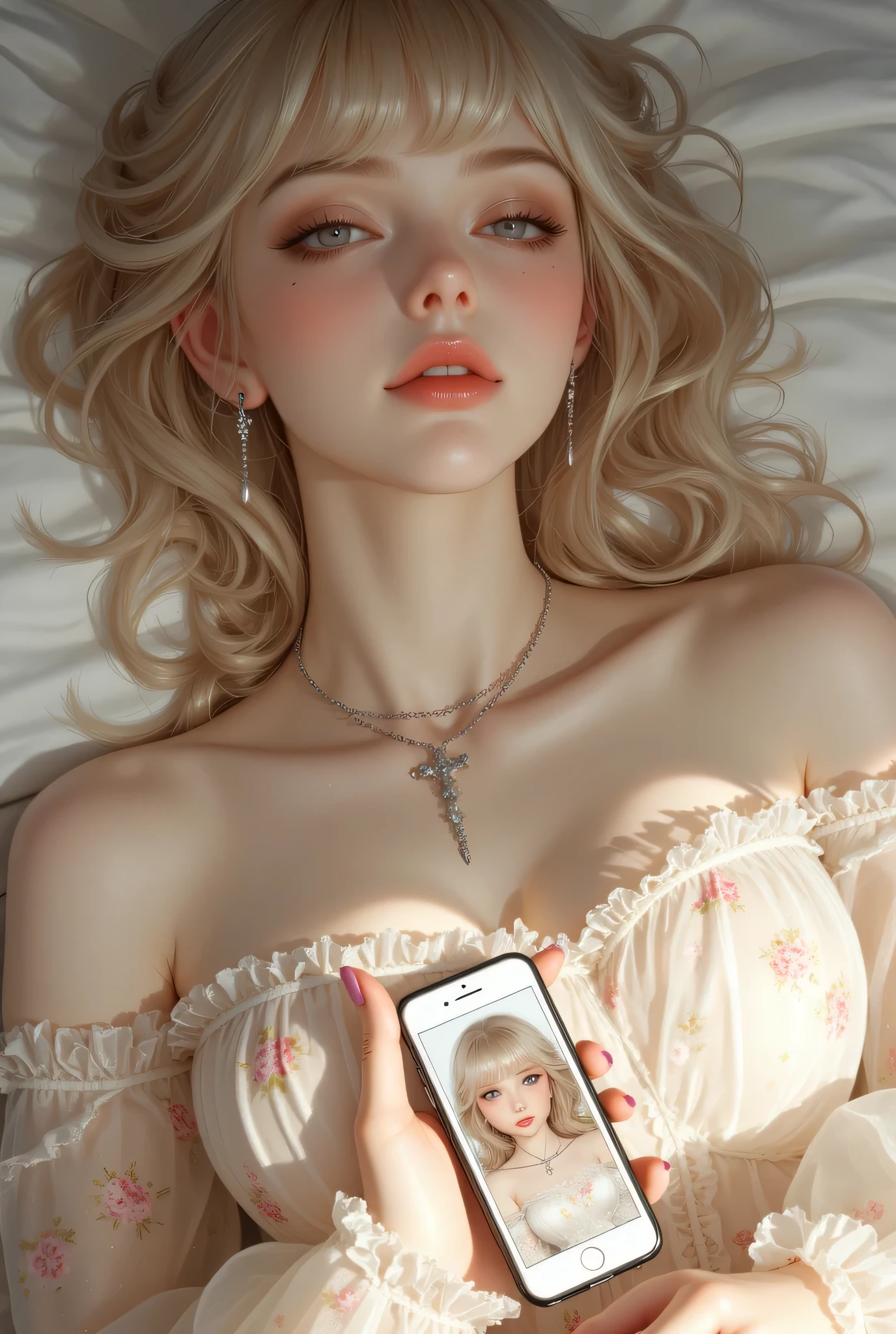 ((Woman lying on a bed ))、電話の画面から出てくる女の子Highest Qualityの作品、Actual Work、Ultra Premium Graphics、8K HD CG Works、High Quality Graphics、High-definition CG works、10x pixels、 Super Fine:1.1、real、natural light:1.5、High technical level:1.1 Photo、natural light:1.5、Light Effects(バーチャルLight Effects:1.1 Light Bang、 princess bang )、((Very Heavy 、 Volume Bang :1.1)、princess cut、Straight Bangs、straight bangs、(Max Masterpiece、Highest Quality:1.5)、(Ultra Fine 8k CG:1.4)、(ハイパーreal:1.25)、(real:1.1. 4)、((Golden white hair))、Thin eyebrows、high nose、Nice red lips、 rosy cheeks 、 Delicate Makeup Face 、cute face、Overbalanced Face、()、Bright-toned Foundation Enhances Skin Clarity。((See-through White Floral Dress with Off-the-Shoulder))、40k、 pictures、Highest Quality、(1. beautiful eyes on my stomach、bright hair、white skin、Mr. Miss、Pose、((Mid-chest、:1.1))、Highest Quality、Tabletop、Ultra High Definition、(Actual item:1.4)、RAWpictures、(Perfect figure)、( slim、:1. lim stomach、over((Blonde woman)),((Straight Bangs、Princess Bangs)),((Very heavy、very voluminous bangs:1.1)),((Very long、Very heavy、very voluminous side locks:1. 1))、princess cut、Straight Bangsヘアスタイル、long hair、 straight cut bangs 、(Max Masterpiece、Highest Quality:1. 5)、(Ultra Fine 8k CG:1.4)、(Hyper-realistic:1.25)、(フォトreal:1.25)、(real:1.4)、cowboy shot、(from above:1.35)、(from front:1.mile:1.3)、