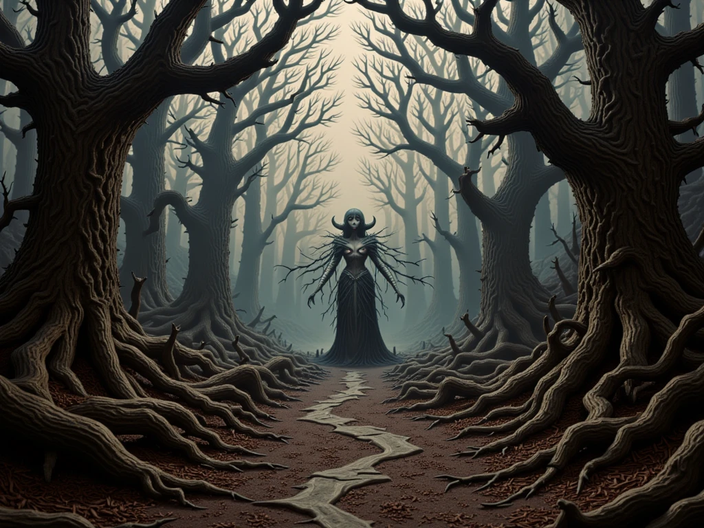 young graphite witch's mummy made of dead plants crawling out foggy Louisiana forest, radioactive atmosphere,steampunk dark horror fantasy, ominous landscapes,large number of stars fly towards the viewer,radioactive world,ruined theme,lots of toxic dust,full body length shot,once pretty face,full body length, eerie atmosphere, ethereal presence, toxic mists, supernatural entities, sinister aura, dark and twisted branches, macabre elements, eerie and ominous lighting,Complicated detail,captivating creation,intricate details,extremely detailed,masterpiece,intricate details,eyes extremely detailed, high detailed eyes,32k resolution, Nikon Z9,like Stone Forest in Yunnan Province of China,Simon Stalenhag,Nicola Samori,Wangechi Mutu, horror movie, cinematic look, creepy aesthetic, ultra detailed, photorealistic, masterpiece, In a Tim Burton,matter plants regaining territory