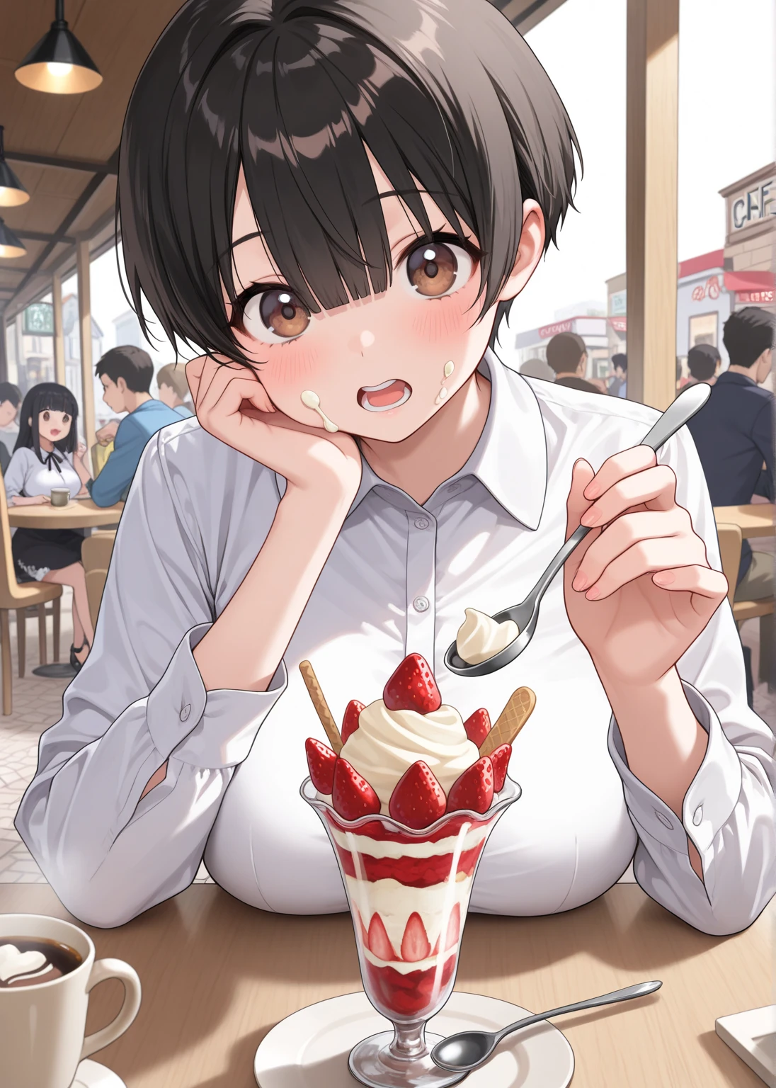 Highest quality, High resolution, 1.female, Reluctance Nausea Black eyes (Cum in a small lunchbox:1.4) Cute Looking down Pink polo shirt Short hair, Black Hair, seiza, Focus on face, large amount of semen in mouth, man ejaculating into lunch box(Subjective) Bukkake