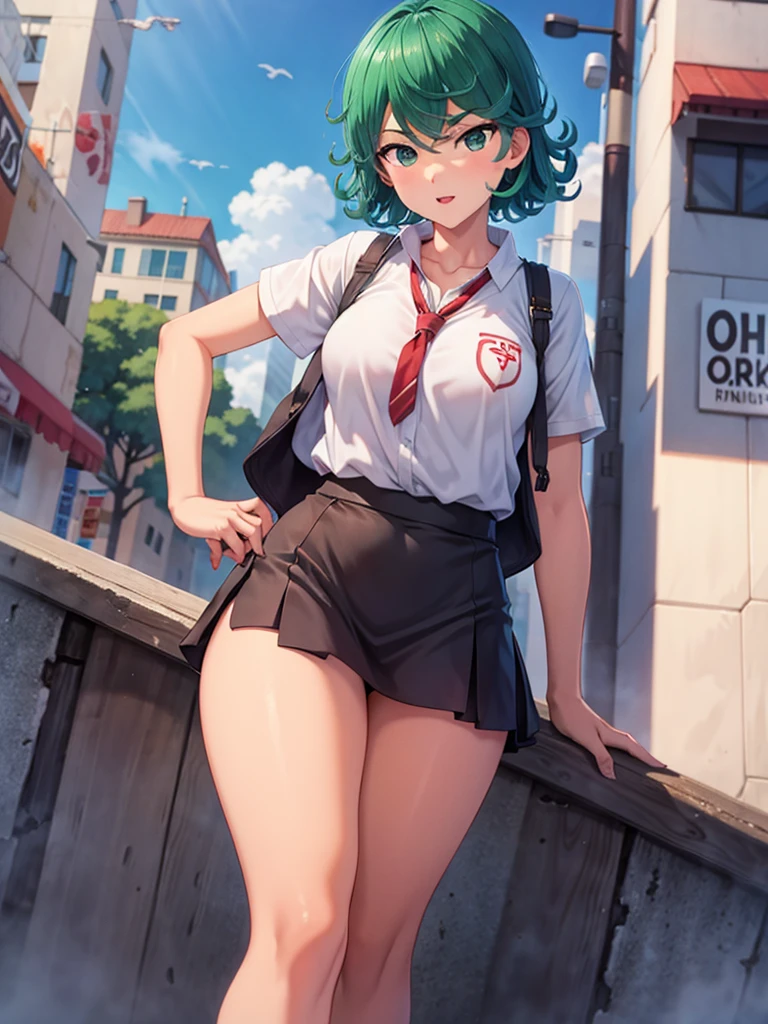 (high resolution, 8k, work of art, looking ahead at viewer, best qualityer, very aesthetic, ultra detaild, ultra deep, Ultra Eyes) details Intricate, 1 girl, tatsumaki, White Short Sleeve Shirt, wore white panties and wet, Left chest pockets, Gray Blue Tie, medium breasts, cups, green short hair, greeneyes, normal face, School corridor in the background, cinematic angle
