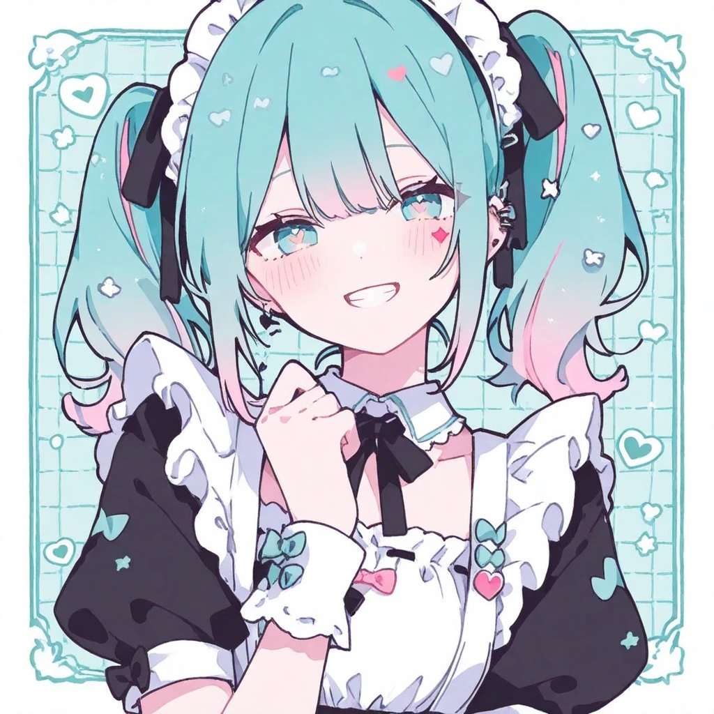 alone、beautiful young man、Cat ear、hair color with mesh on green hair、high ponytail、ribbon、boyish、smile、pink eyes、long hair、nice、Ahoge、Black Lolita Clothes、pants style、manly、expensive