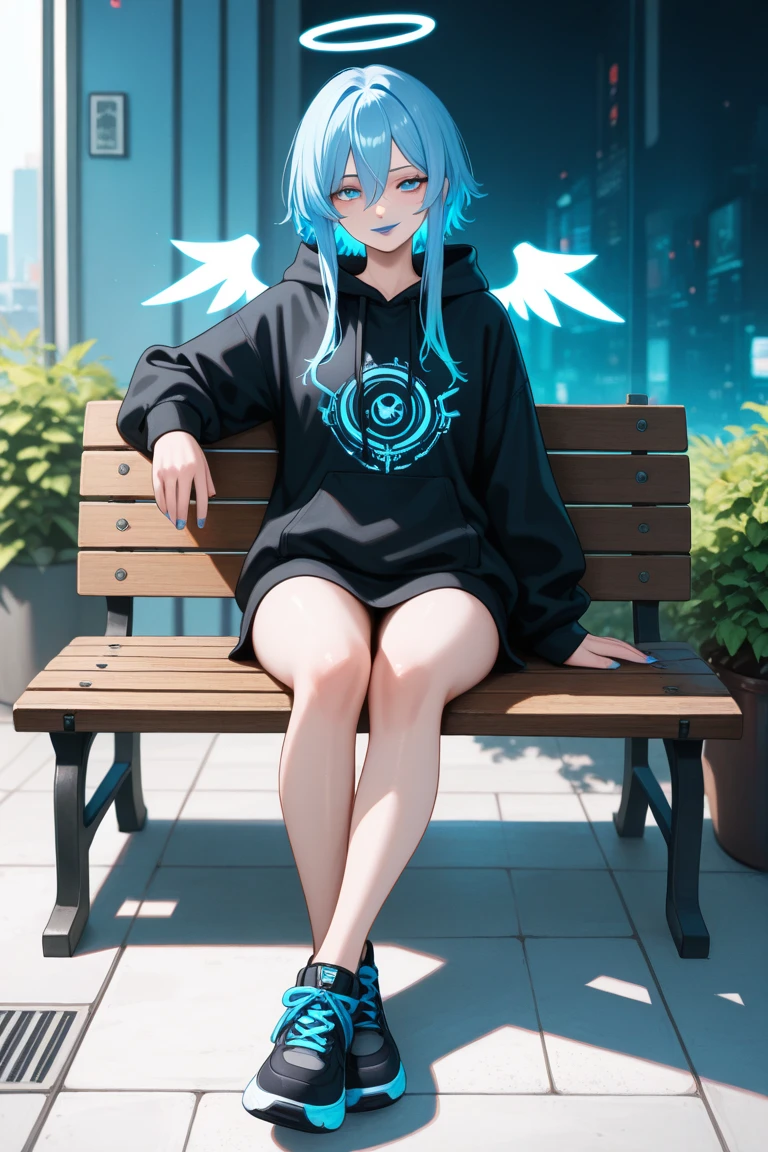 ((masutepiece)), ((Best Quality)), from below looking up, one girls, blue hairs, The long-haired, Black and pink hoodie, Black shorts, Futuristic city, outside of house, a girl sitting on a chair, Resting your elbows on the armrests of the chair, Cheek cane, cross one's legs, Glowing blue eyes, Ultra-delicate, delicate illustration, Delicate use of colors