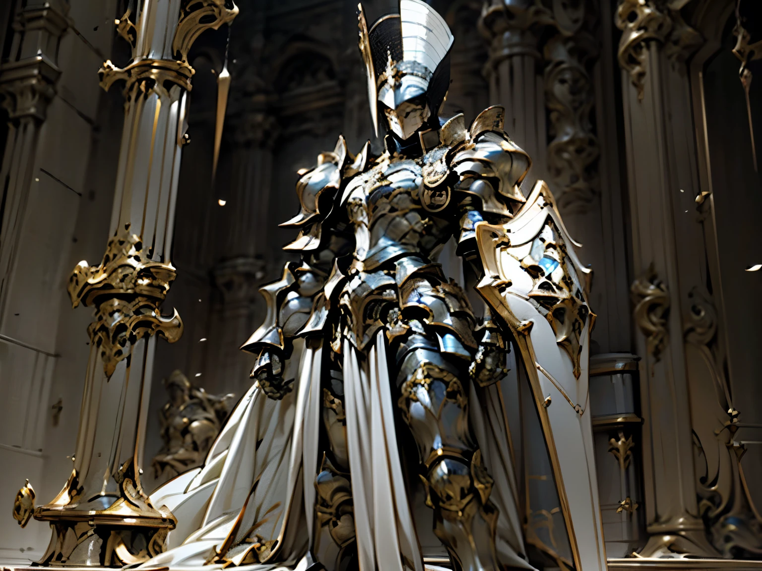 anime character standing in front of castle, gothic armor, full armor, adult male, the style of wlop, white plated armor, wearing heavy armor with gold trim, full face cover, white rook shoulder armor, yellow chesspiece rook design, gold rook helmet, holding a large shield, metal rook, (perfect figure)