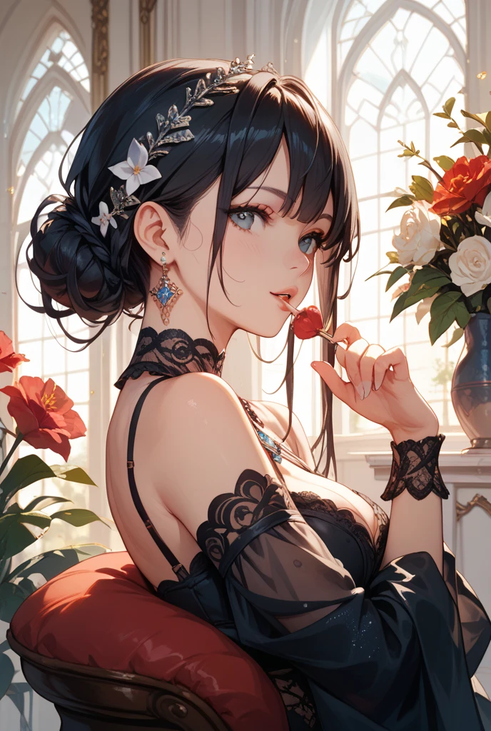 (((sketch:1.6))) (((Woman in Japanese style、Black hair super long hair、very long hair:1.5、Hair tips trimmed horizontally:1.4、hime cut:1.8、bangs cut horizontally:1.5 thin jaws、thin, slanted eyes、high nose、lace black choker、Kimono with frills black snake tattoo on body)))、Peony hairpin、black eyes、beige eyeshadow、red lipstick、morbidly white skin:1.8、Kimono that shows some shoulders、(((Luxurious black kimono with delicate patterns:1.5)))、(((slender and delicate body:1.6)))、(((face:1.2、face focus:1.2 close up on face:1.2)))(((I'm looking at this:1.5)))((peony flower background:1.4、The shoji opens and you can see the garden:1.4、moon floating in the sky:1.4,Japanese room without lighting:1.8、Interior illuminated by big blue moonlight:1.8)))(((Touching the chest with one hand:1.2)))(profile:1.2)(((moonlight:1.8)))(((Blue hour:1.6)))official fine art,Representative works,masterpiece、highest quality、High resolution, beautiful detailed glow,