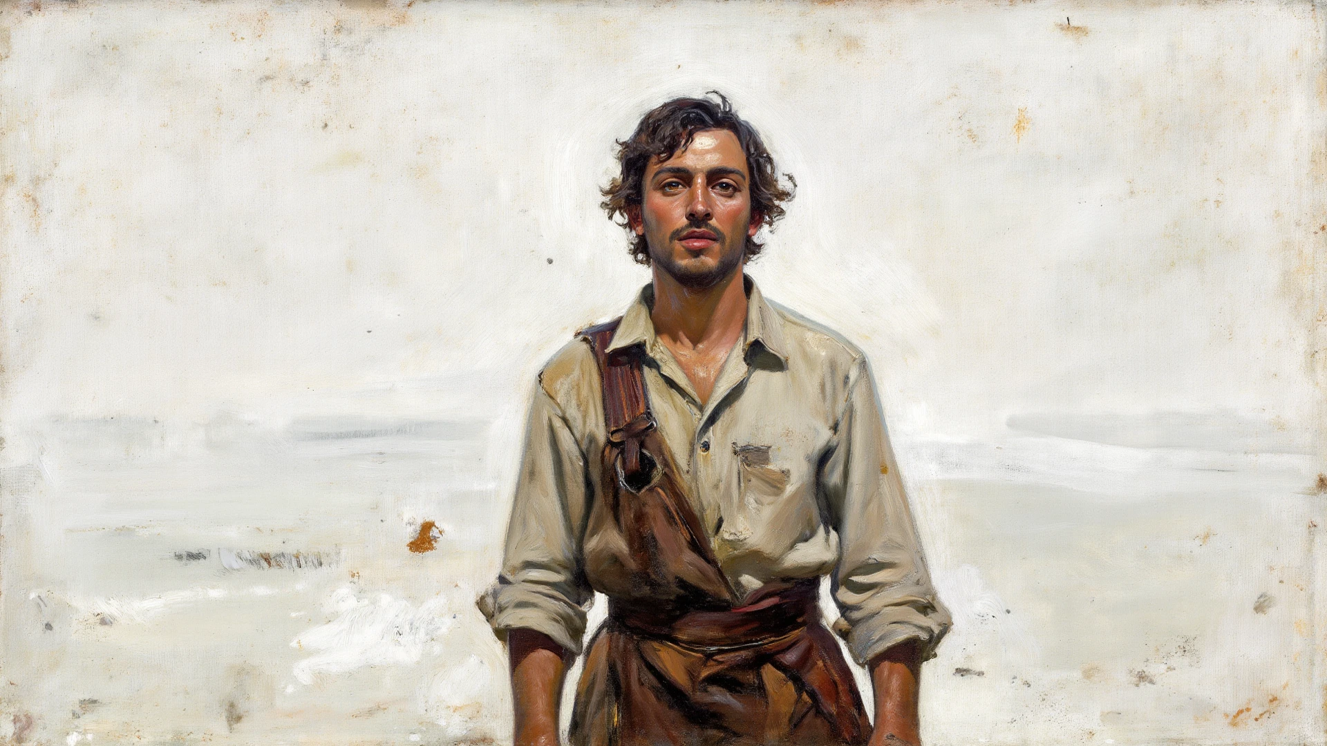 atractive man, holding a wooden stick, six wooden posts stuck in the ground, the moon (Bill Sienkiewicz inspired art, intricate details, oil painting)