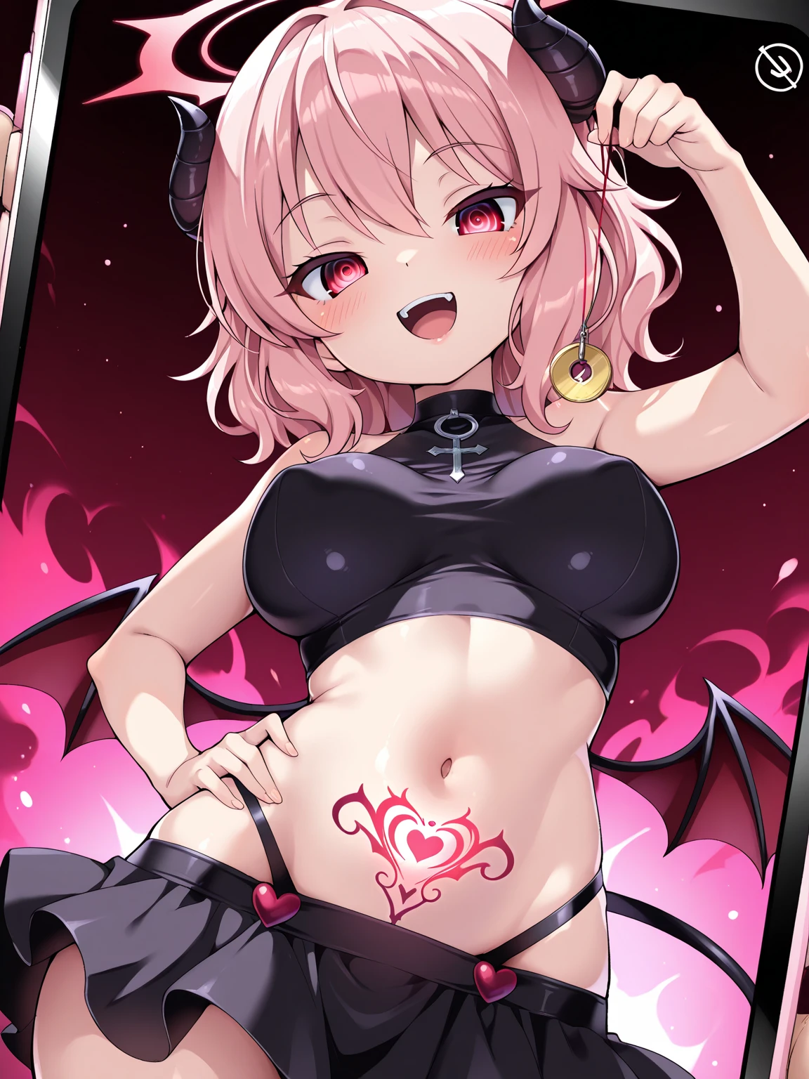 Beautiful illustration, best quality, cute girl, ((In a cute bedroom)), pastel color, natural tones, ((cute demoness)), ((Red Straight Bangs)), ((Horns)), ((Looking at viewer)), ((Slim body)), ((Black bikini top)), ((Black panties)), ((Small blackwings)), (Blush), bright lighting, ((Big eyes)), ((Embarrased)), ((V-sign)), ((Perfect hands))
