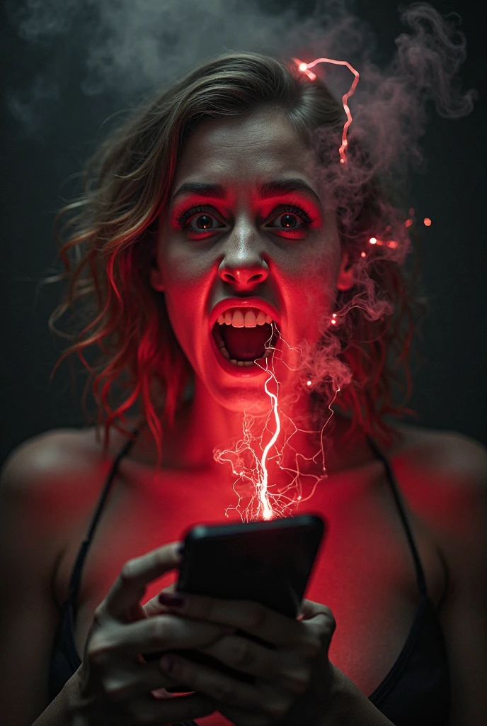 Superwoman watching phone very angry face at home