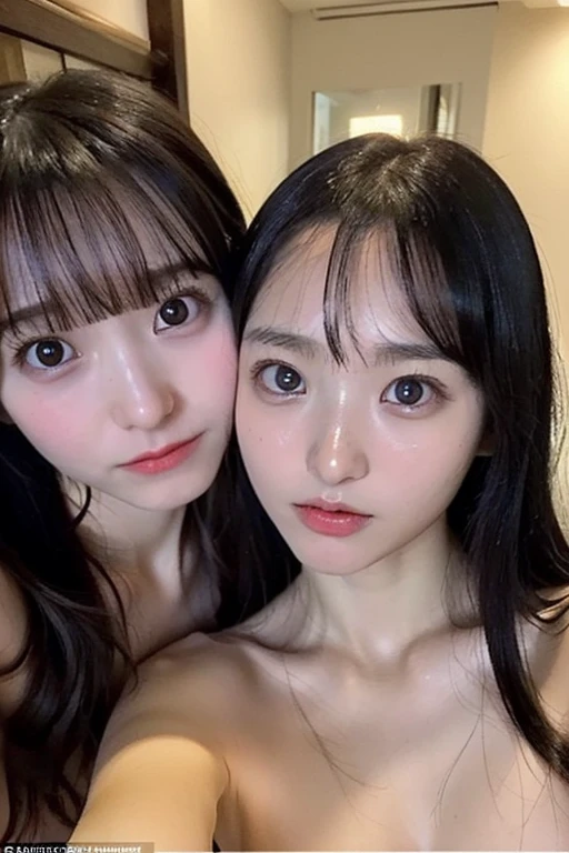 (masterpiece, Highest quality:1.2), 2People Girl, ???????、Protruding nipples、Cute nipples、White panties、Small breasts、On all fours、Take a selfie、On all foursで尻を突き出す、Kiss me here、Kissing Face、Get close to the face、Very flat chest、Small breasts、Twin tails、Big white ribbon hair ornament、Bare breasts and nipples、Pink nipples、Very flat chest、Black Hair、12 years old、Close-up of face、Faces so close、Two people kissing、Stick your face together