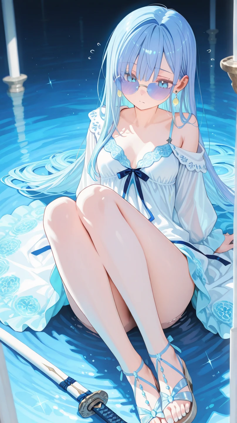 (Masterpiece)、(highest quality)、((Super detailed))、(Ultra delicate)、Pastel colored hair、Beautiful breasts、A young princess bathing in a lake、wet white dress
