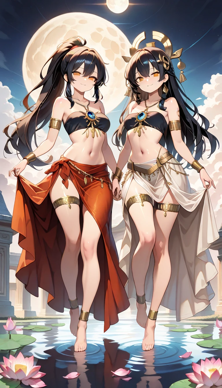 a group of arabcanders , jewelry, long hair, navel, arabian clothes, looking at viewer, bracelet, veil, midriff, earrings, dancer, smile, armlet