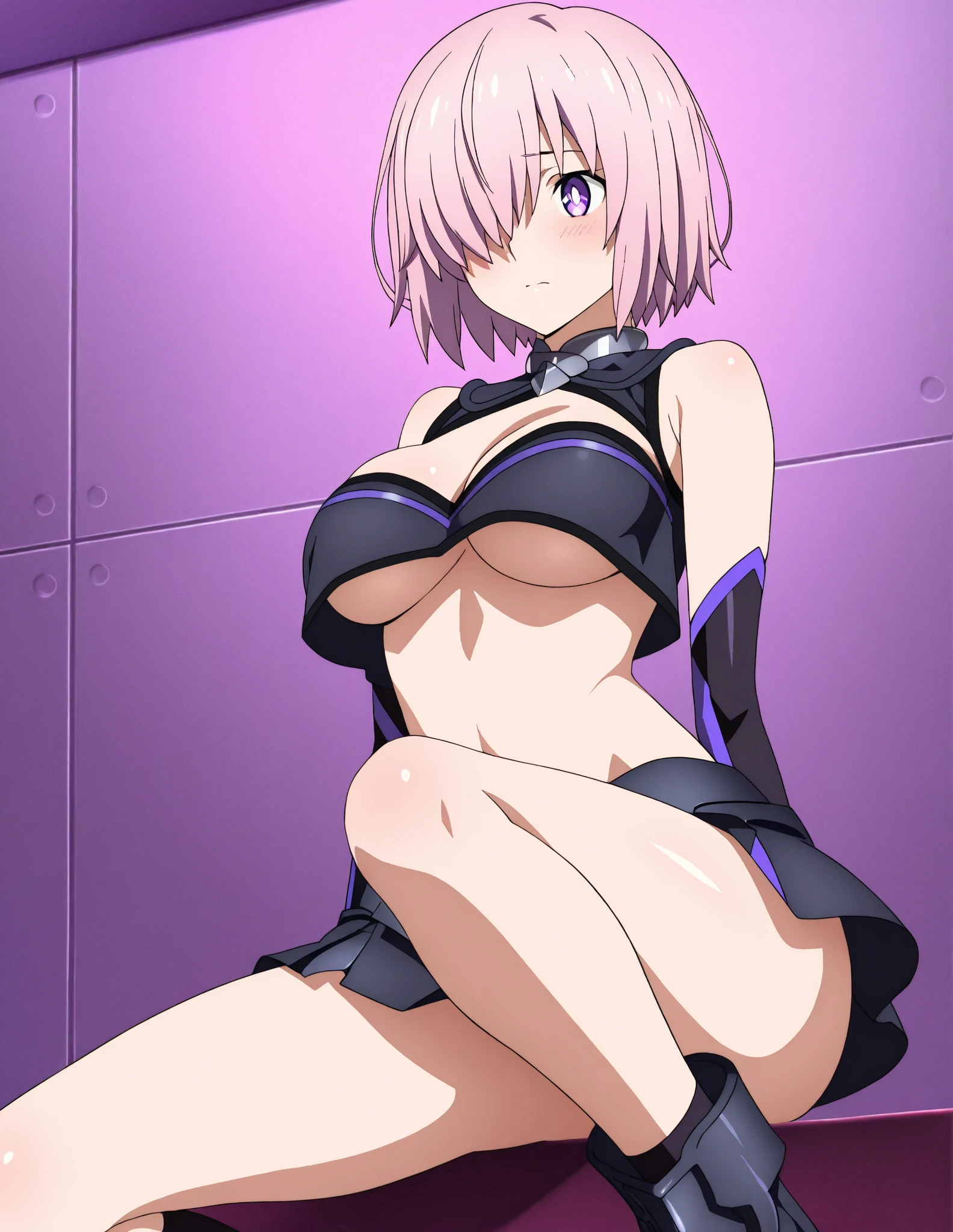 {1girl in},{{{{{masutepiece++, Best Quality++, Ultra-detailed+, 超A high resolution,(Photorealistic:1.4)Cowboy Shot,Mash Kyrielight, (Fate)Raw photo,(Mash Kyrielight)+,(Mash Kyrielight)+,(Mash Kyrielight, (Fate),((Pink hair)),((Short hair)),Purple eyes,Hair over one eye ,((purple glowing eyes 1.3)) , (Doll Suit:1.3)very aesthetic, Best Quality, absurderes, 1girl in, Brainwashed,}}}} , (huge-breasted:1.2)The shape of is clearly visible、(The shape of the pubic area is clearly visible))deadpan, laboratory, Darkness Room, (Neon light:1.2), (Night:1.5), stand up and salute