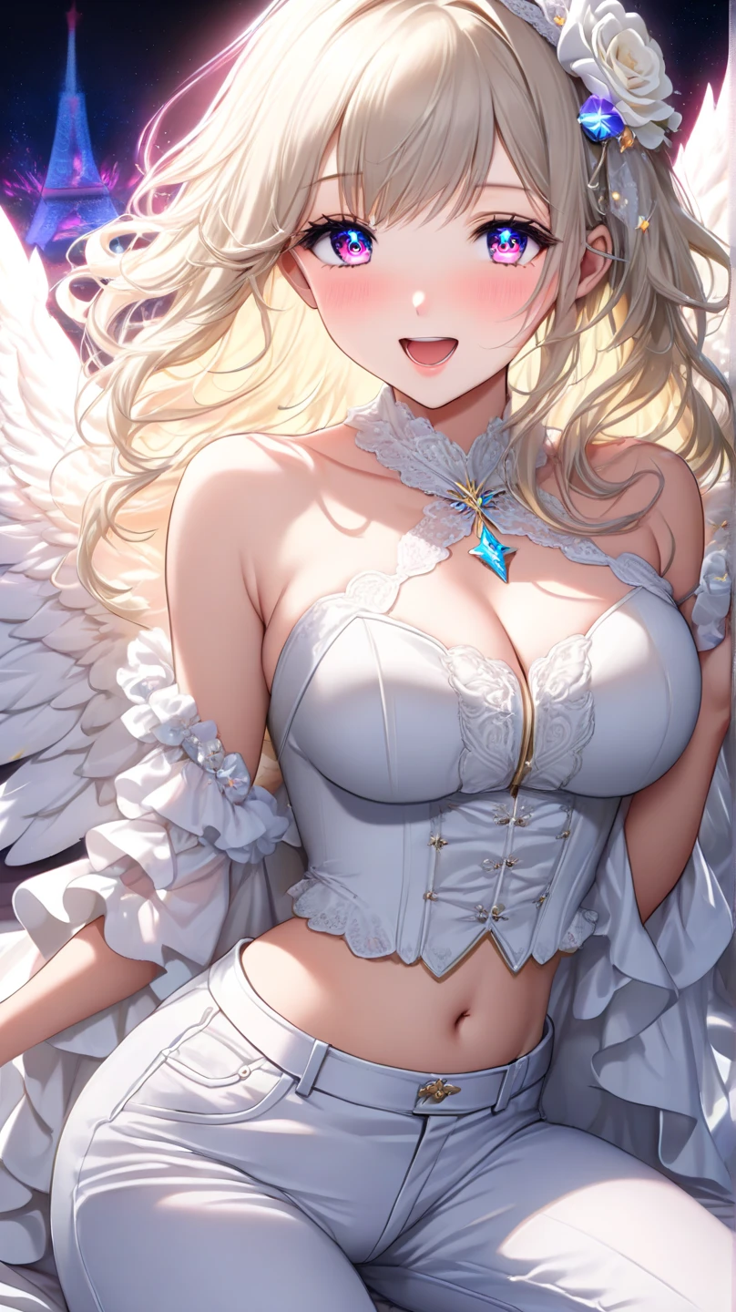 Particles of light, (Dazzling Light:1.2),(1 Angel Girl:1.2),26yo,Nice, Adult face,Beautiful Face, (Face close-up:1.1),Big Breasts(Large Breasts:1.2),Big angel wings.,Angel wings growing(Giant angel wings:1.2),(Cute Smile:1.2), pink gold long hair, Silver Eyes, Detailed eyes, (Huge bright halo:1.2),(Decorative halo:1.2),Face close-up,(Putting jewelry in your hair:1.2), (hair ornaments:1.2),(Dress Sparkle:1.2),(Detailed decoration on the dress:1.2),(Reflection of the dress:1.2),(A strong wind is blowing), fly in the sky, , (dawn:1.2), (Heaven in the background:1.2), Huge sky, cloudy,(Light of the sun:1.2), (Lens flare:1.2), (Many silver feathers are flying:1.2), ,(white dove flying:1.2),Perfect Anatomy,Accurate anatomy,Sexy pose,Various poses