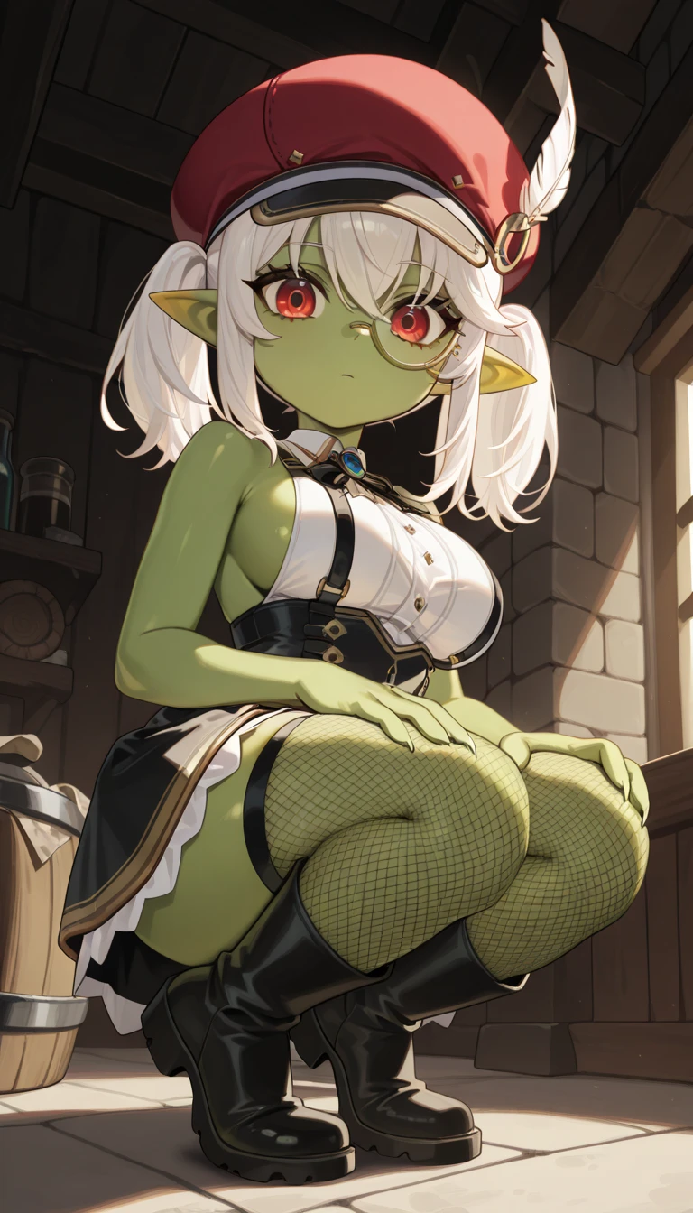 (detailed), 4k, (green skin), small pointy ears, portrait goblin woman psychiatrist, wearing blouse and skirt, sitting in large red armchair, medium breasts, in a small white office, diplomas on the wall, sly smile, long silver hair, holding pad of paper and pen, crossed legs, low pov, silk pantyhose, dark room, single light source, (dark room:1.6), dimly lit, volumetric lighting, blue eyes, white walls, cleavage, high heels, night outside