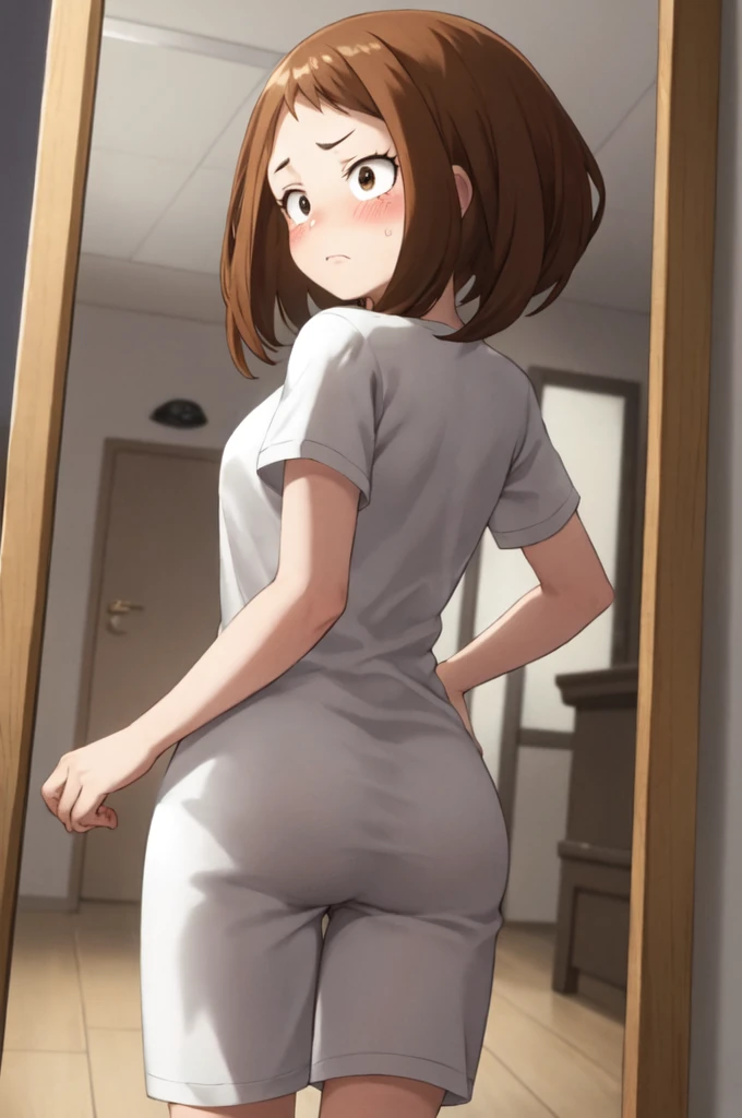 ((Small Breasts)),Highest quality、Very delicate and beautiful、((Very short bangs))、((Bangs))、Light shiny brown hair、The hair is light、((Short Bob))、Cute face、Young face、Cute like an idol、Yellow Eyes、Are thin、Slim figure、Short、（Child body type）、Embarrassed face、Open Mouth、smile、Red face、（Background is home bathroom）、Shooting from behind、Showing off your ass、Low - Angle、