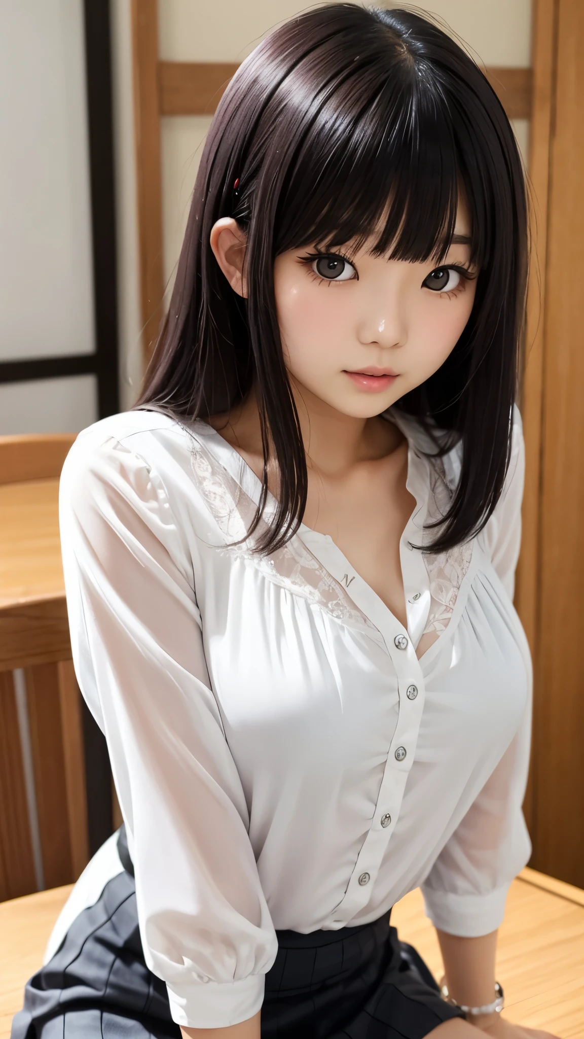 (((1 girl in))、Ray traching、(dim lighting)、[detailedbackground(bedroom))、((Black hair))、((Black hair)、(fluffy dark blue hair、Slender girl)))Shorthair)))Avoid golden eyes in the ominous bedroom((Naked oversized shirt))、Sit up、Hands between legs、red blush、Shows a delicate slim figure and graceful curves、medium chest、The shirt color is white、whiteshirt