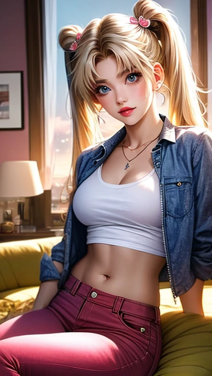 score_9, score_8_up, score_7_up, score_6_up, sailor moon, blonde hair, blue eyes, double bun, hair bun, hair ornament, long hair, twintails, parted bangs,, pink cropped jacket, pink jeans, braless, no bra, open jacket, white shirt, short sleeves, necklace, ,medium soft breasts, medium ass, , medium thighs. sexy thighs, medium waist, cinematic lightning, indoors, living room, evening, sunset, slightly dark, posing, seductive sexy,, on couch, face only, close up on face, dace focus, close up, looking at viewer, tight white shirt, underboob