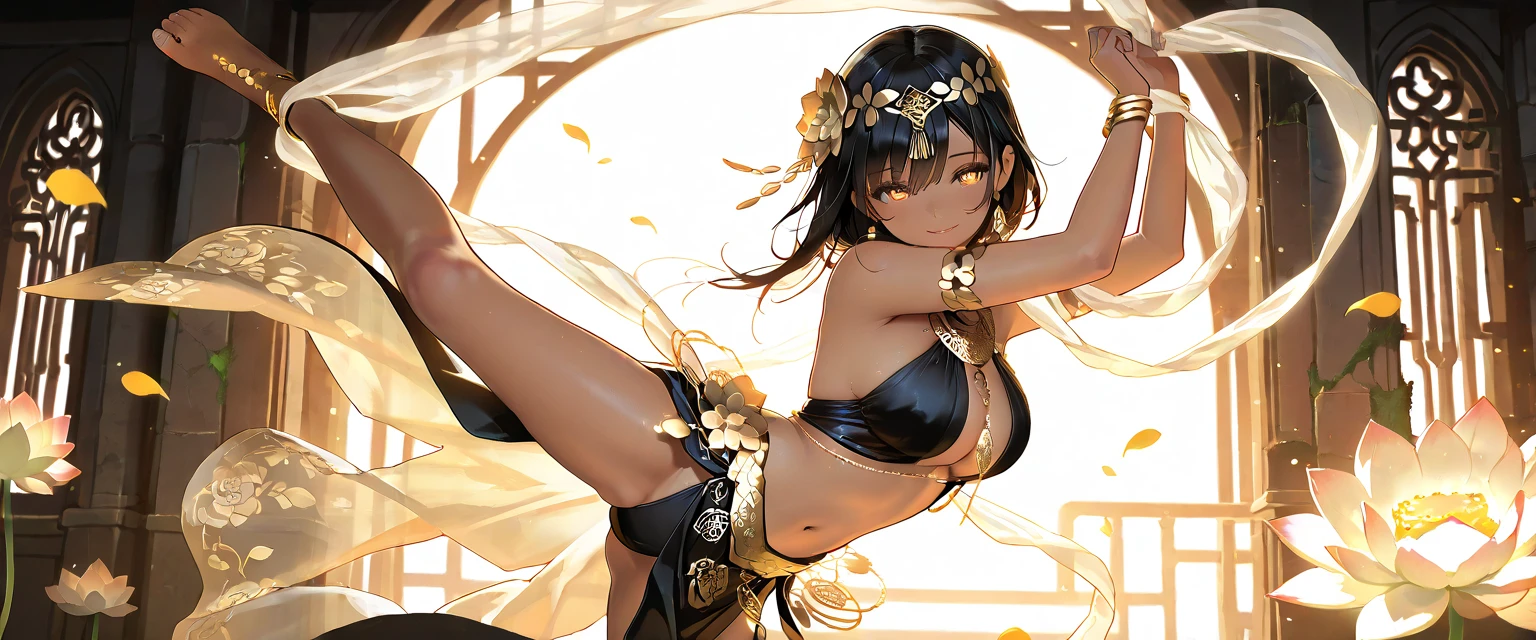 (Masterpiece, top quality, best quality, official art, Beauty and aesthetics: 1.2), (1 girl: 1.3), very detailed, (fractal art: 1.2), colorful, highest detail, (zentangle: 1.2), (dynamic pose), (abstract background: 1.5), (three-layer dress: 1.2), (shiny skin), (multiple colors: 1.4), upper body, transparent gauze, bare shoulders, blooming flower field, glowing skin, light smile, sexy, bust, naked, from below, butt up waiting up